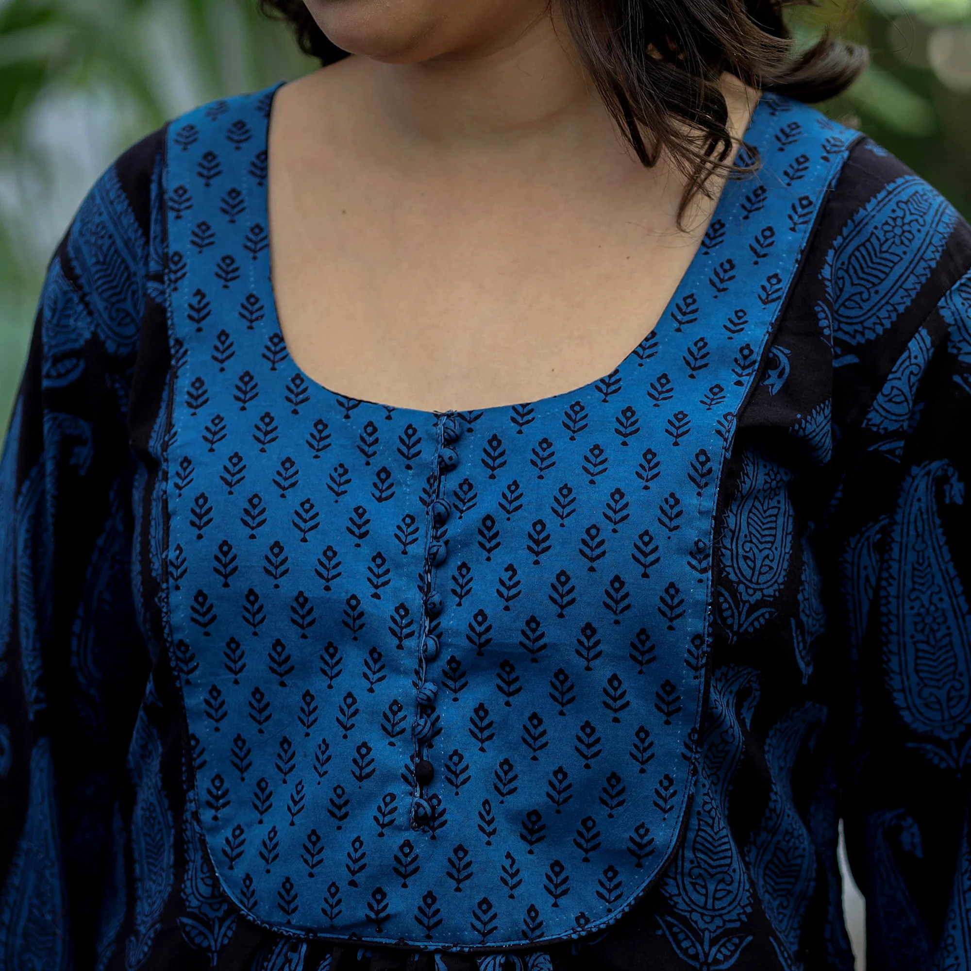 Blue - Block Print Cotton A-Line Bagh Kurta - Image 5