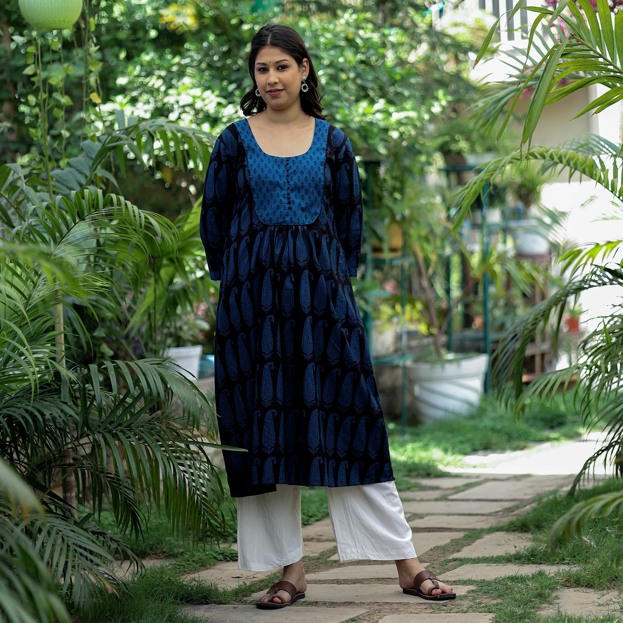 Blue - Block Print Cotton A-Line Bagh Kurta - Image 7