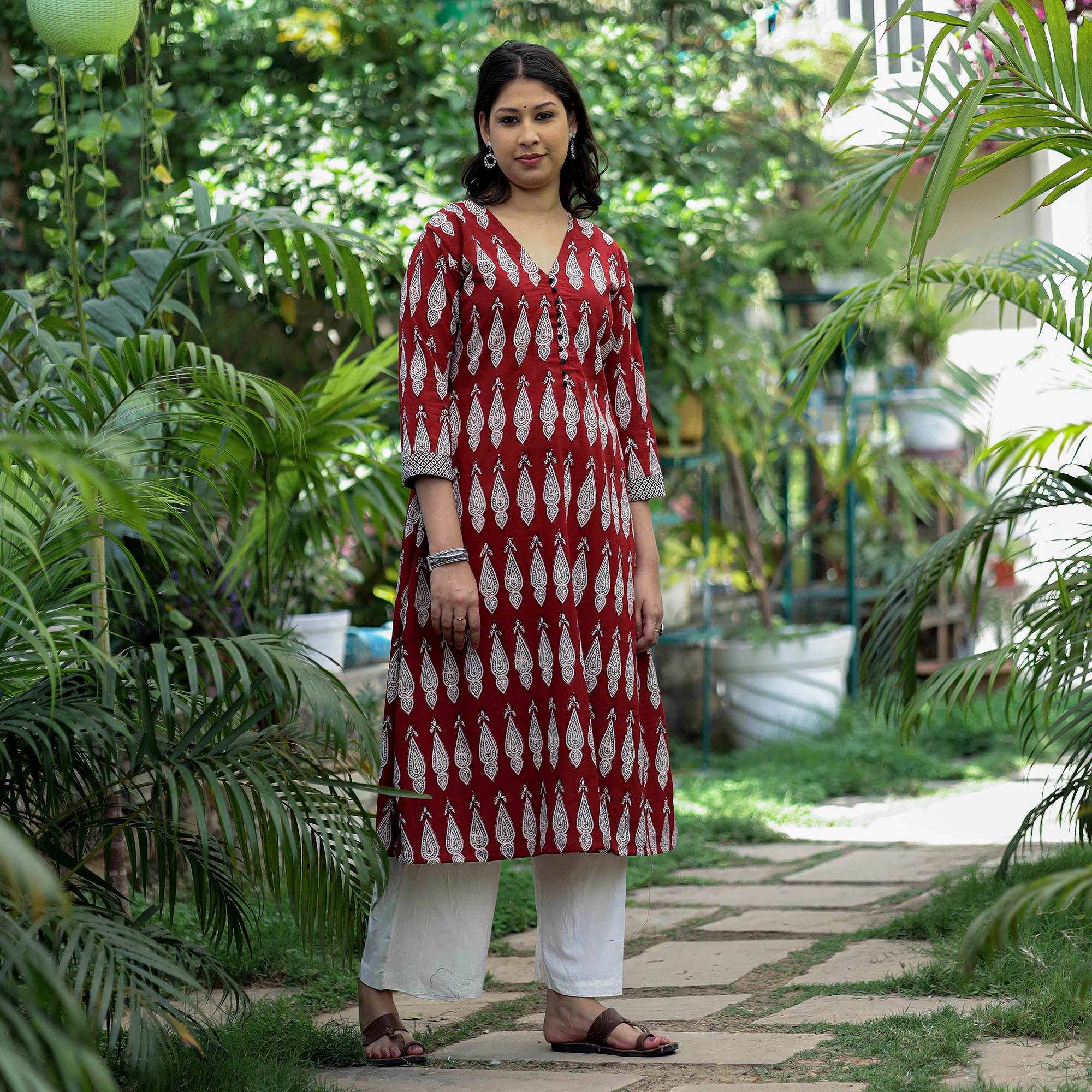 Red - Bagh Hand Block Printed Cotton A-Line Kurta