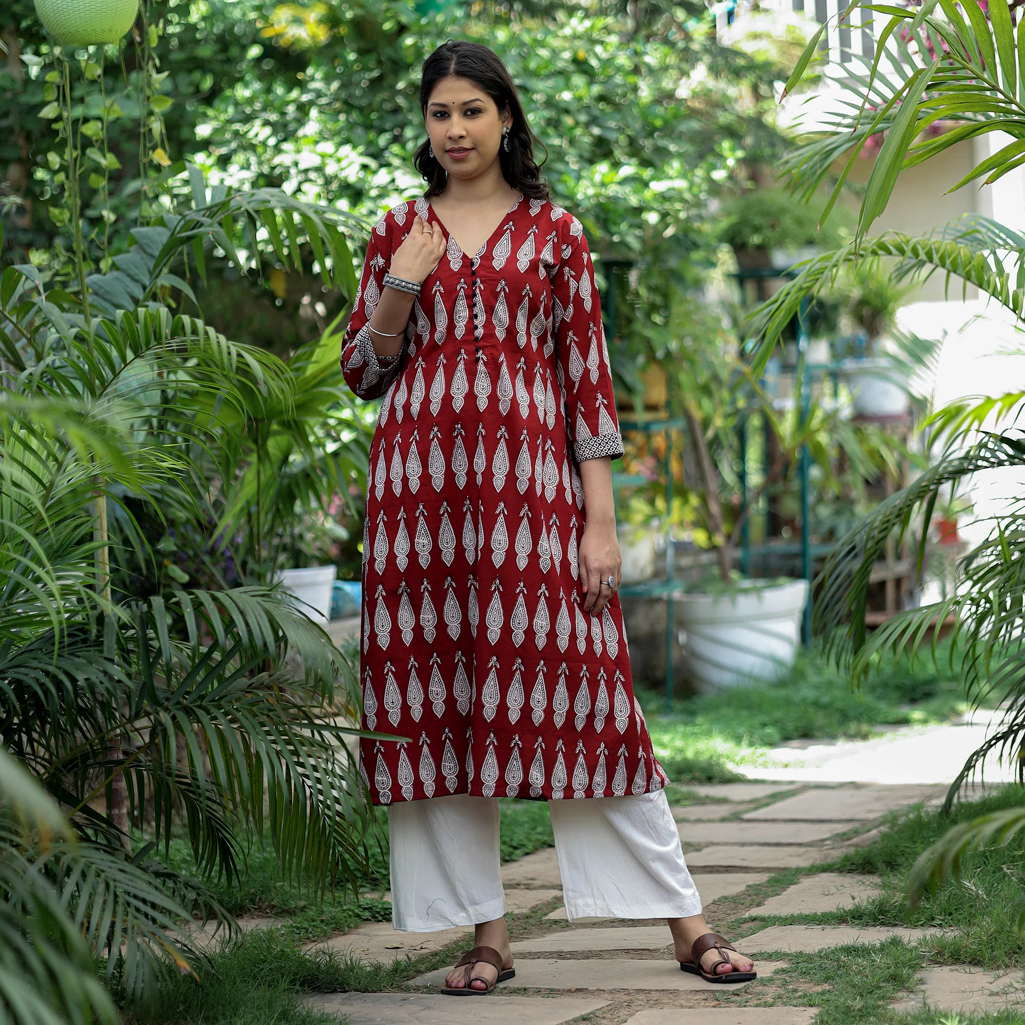 Red - Bagh Hand Block Printed Cotton A-Line Kurta - Image 2