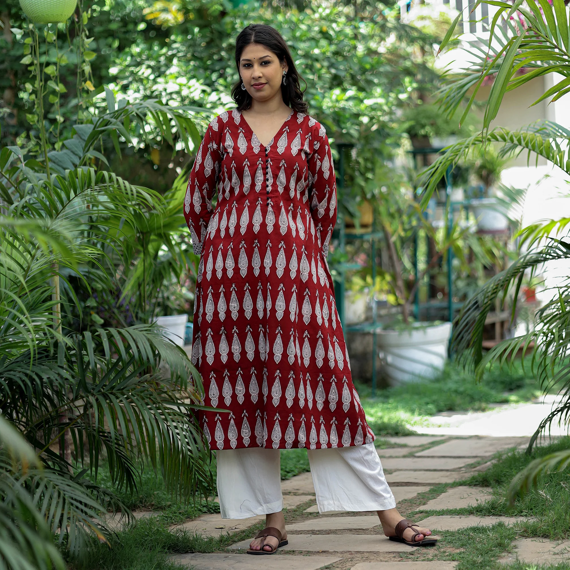Red - Bagh Hand Block Printed Cotton A-Line Kurta - Image 4