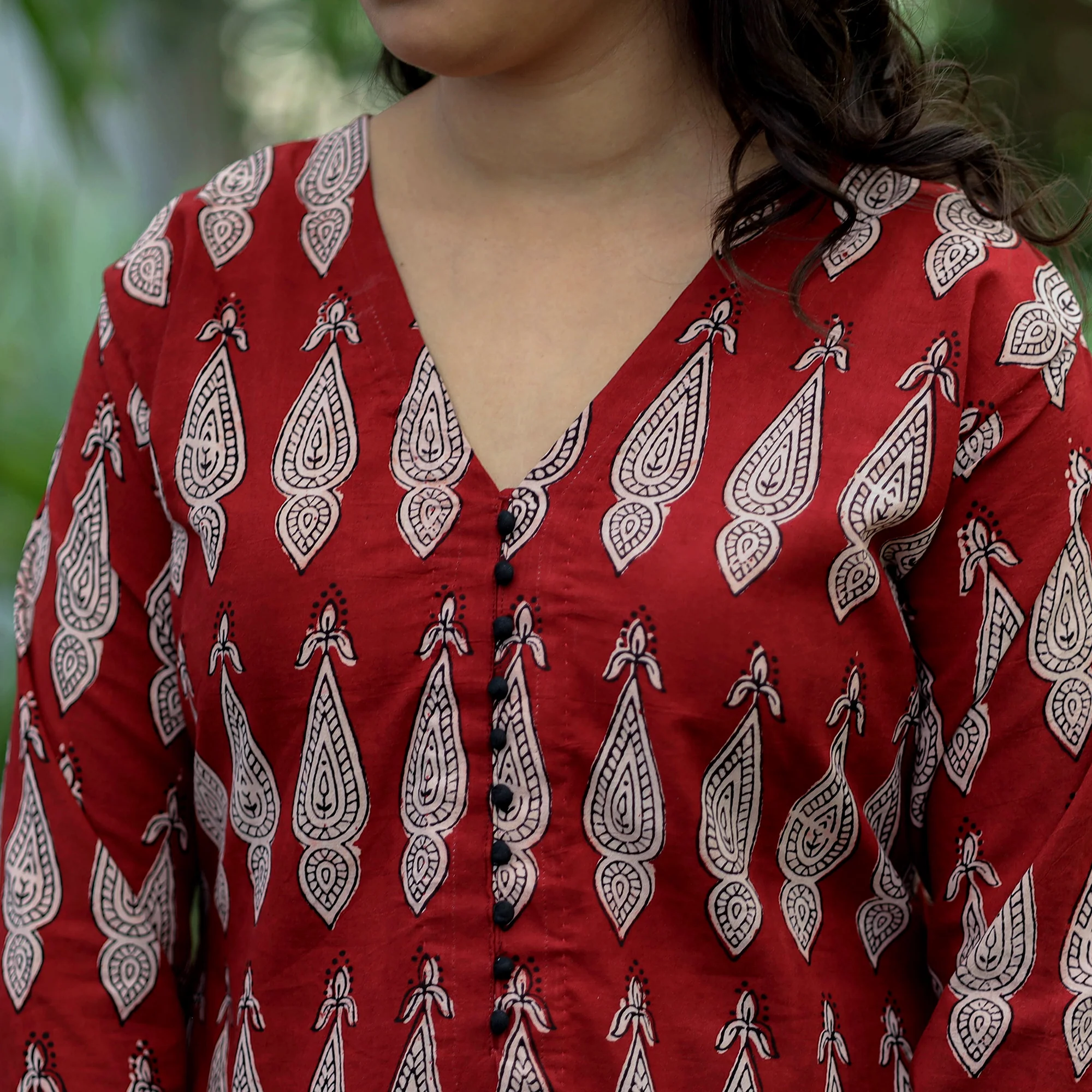 Red - Bagh Hand Block Printed Cotton A-Line Kurta - Image 5