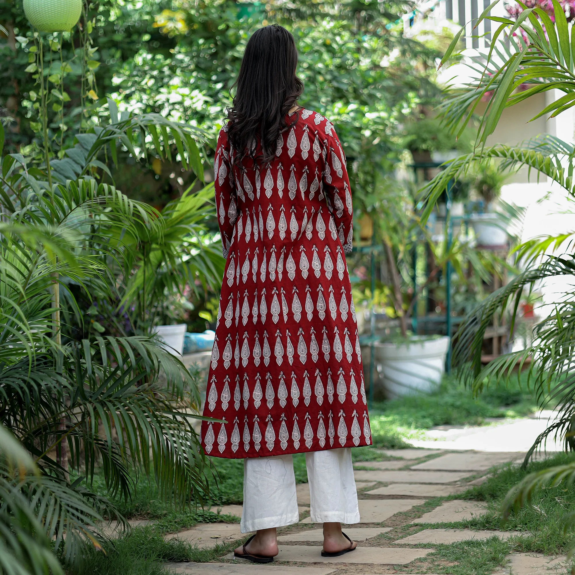 Red - Bagh Hand Block Printed Cotton A-Line Kurta - Image 7
