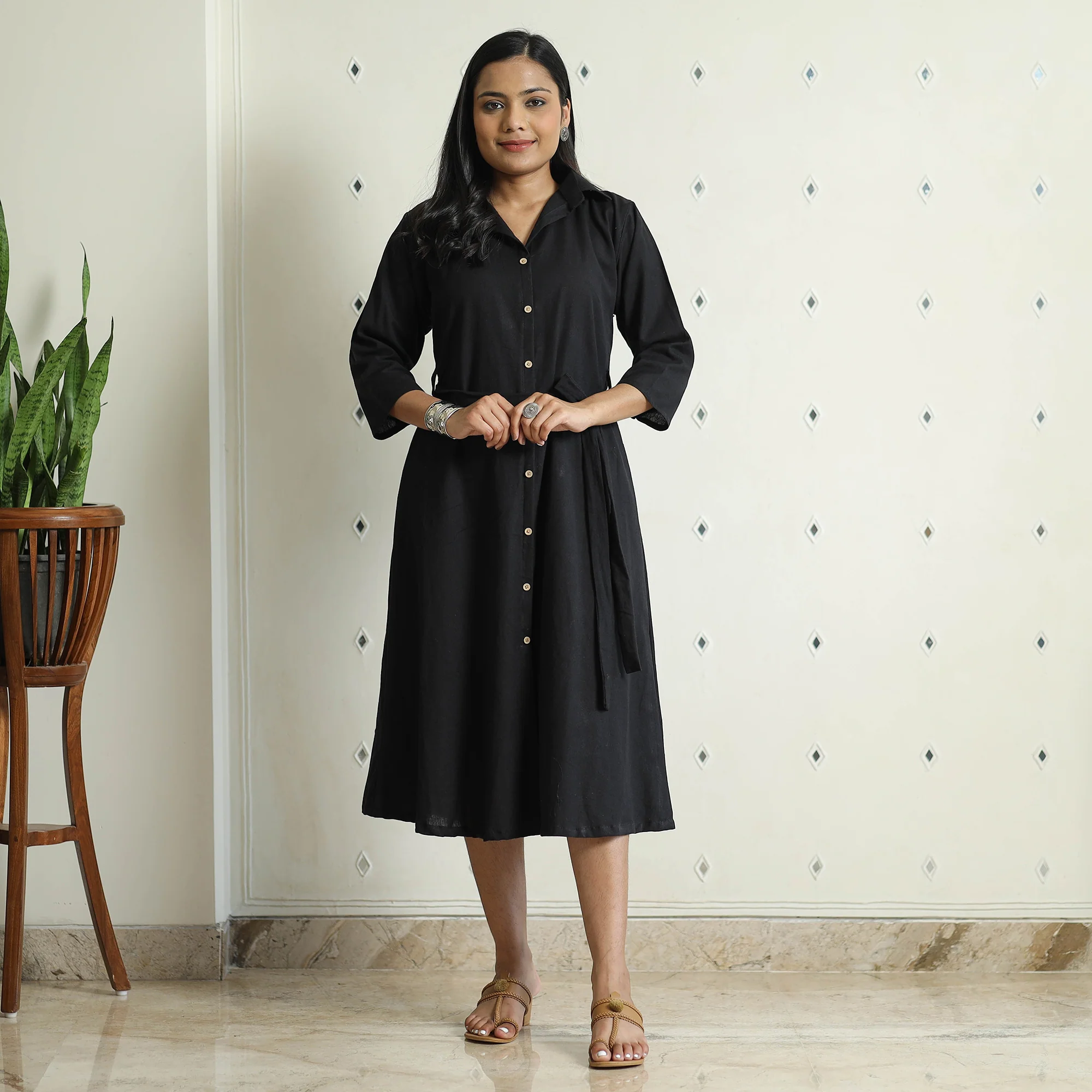 Black - Plain Flex Cotton Collared Neck Buttoned Down Dress