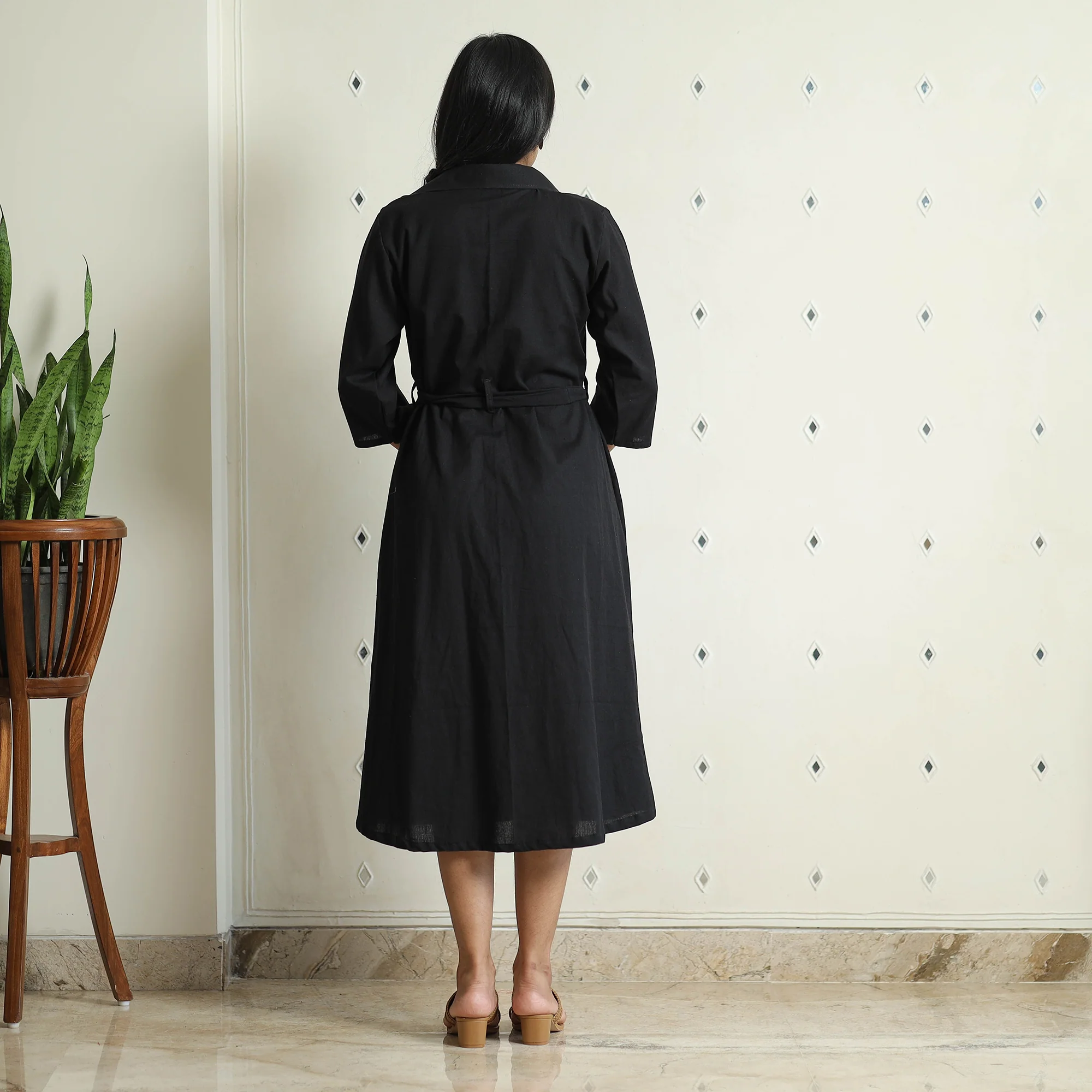 Black - Plain Flex Cotton Collared Neck Buttoned Down Dress - Image 3
