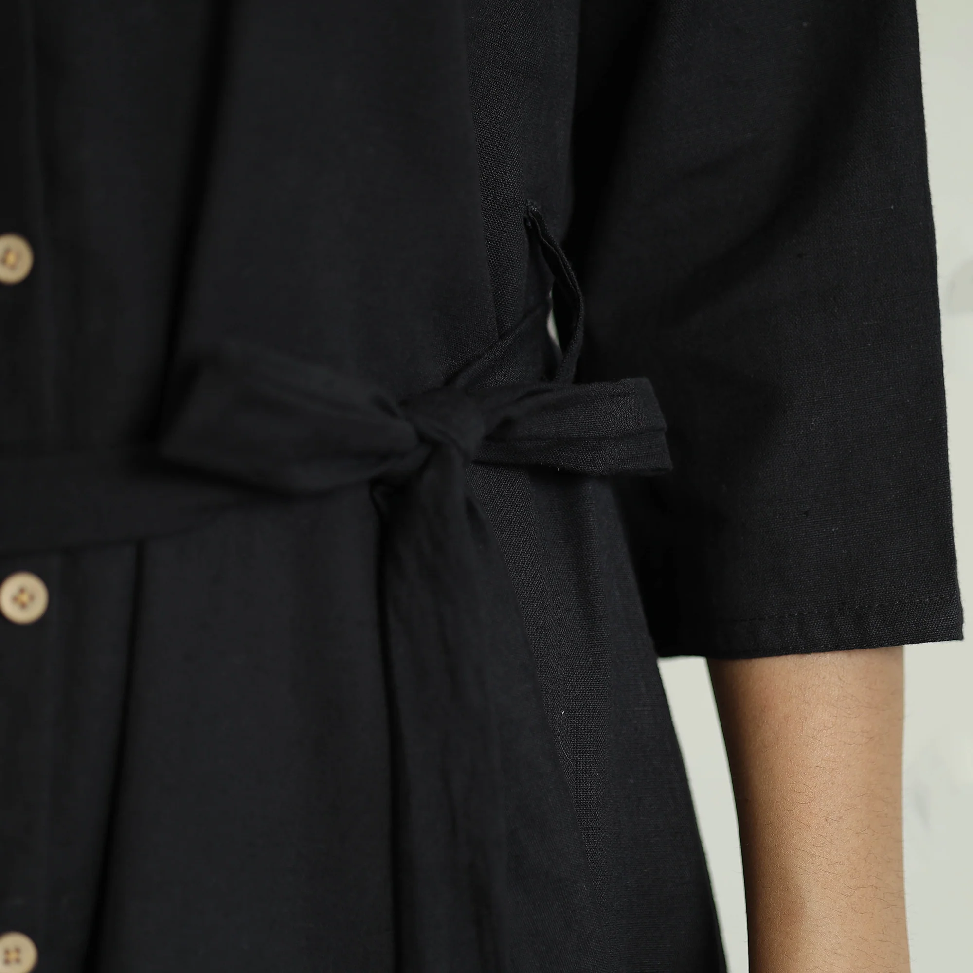 Black - Plain Flex Cotton Collared Neck Buttoned Down Dress - Image 8