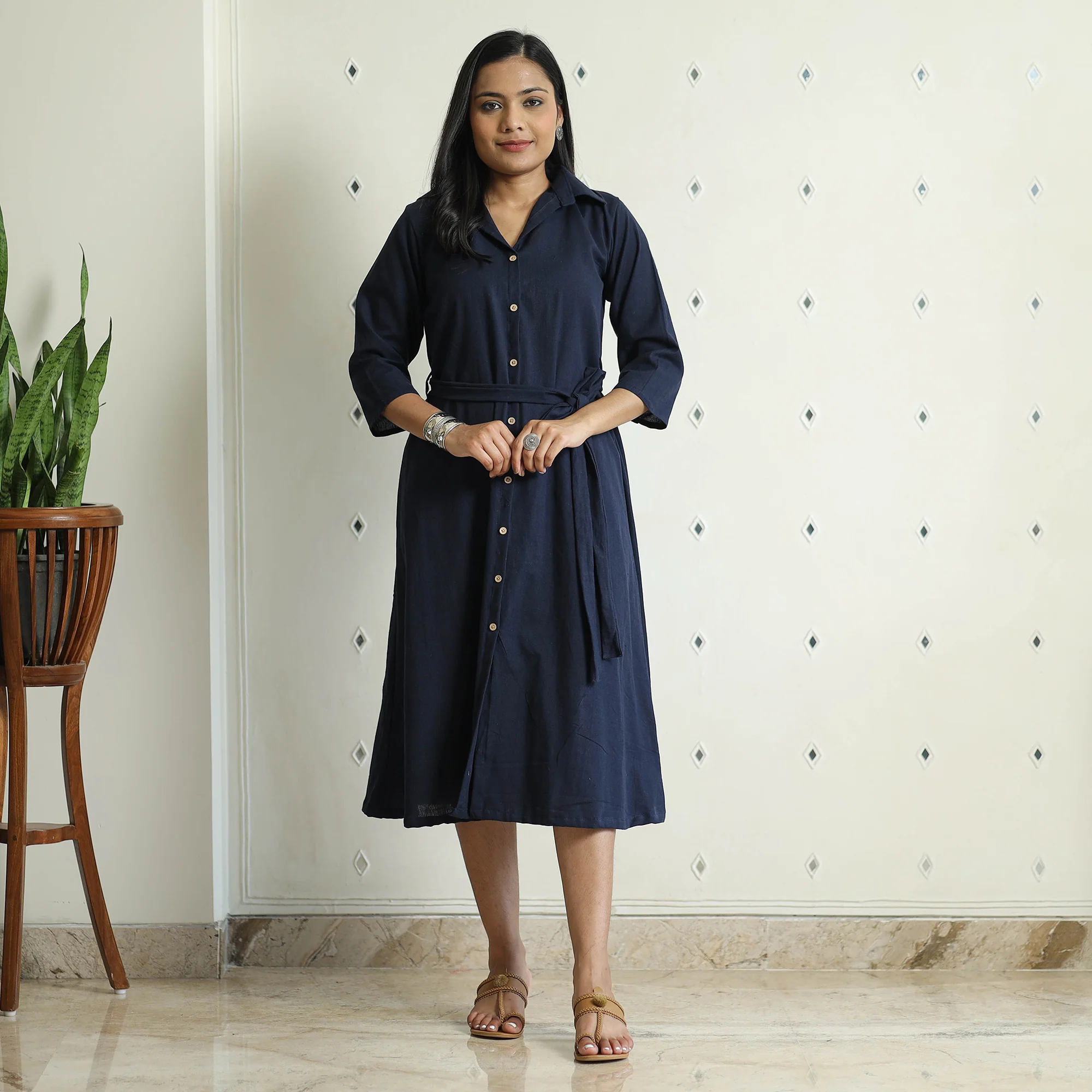 Blue - Plain Flex Cotton Collared Neck Buttoned Down Dress
