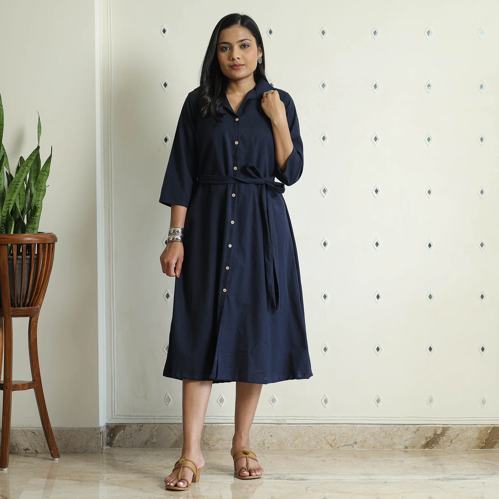 Blue - Plain Flex Cotton Collared Neck Buttoned Down Dress - Image 2