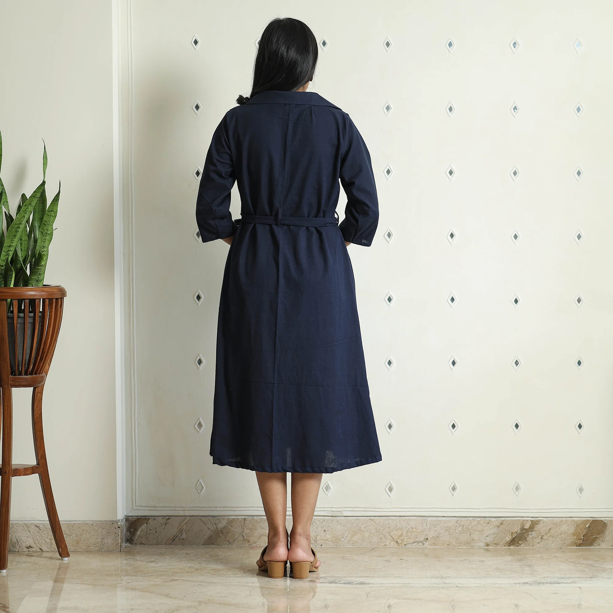 Blue - Plain Flex Cotton Collared Neck Buttoned Down Dress - Image 3