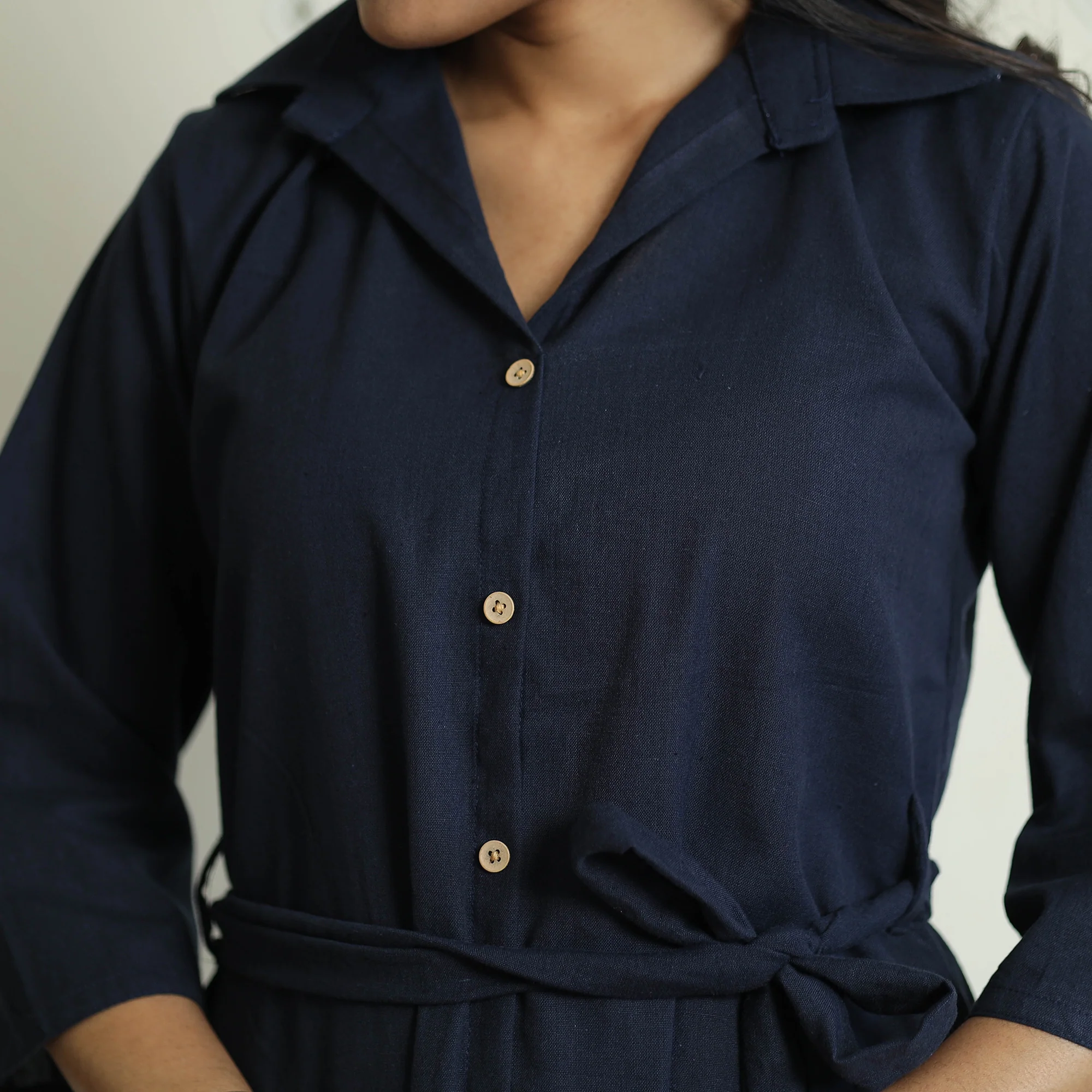 Blue - Plain Flex Cotton Collared Neck Buttoned Down Dress - Image 6