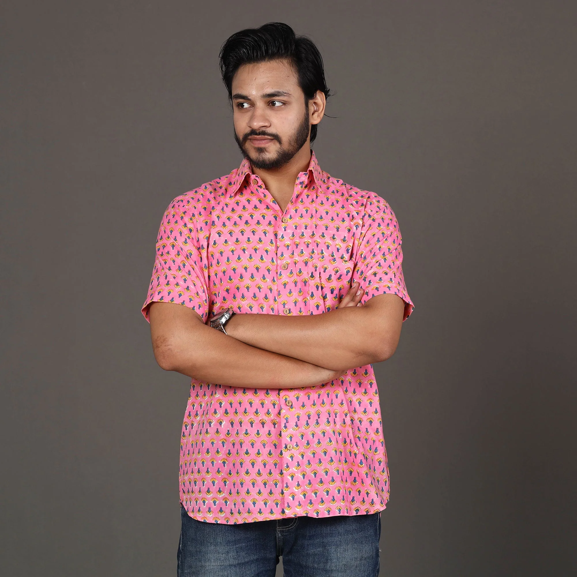 Pink - Men Sanganeri Block Printed Cotton Half Sleeve Shirt - Image 2