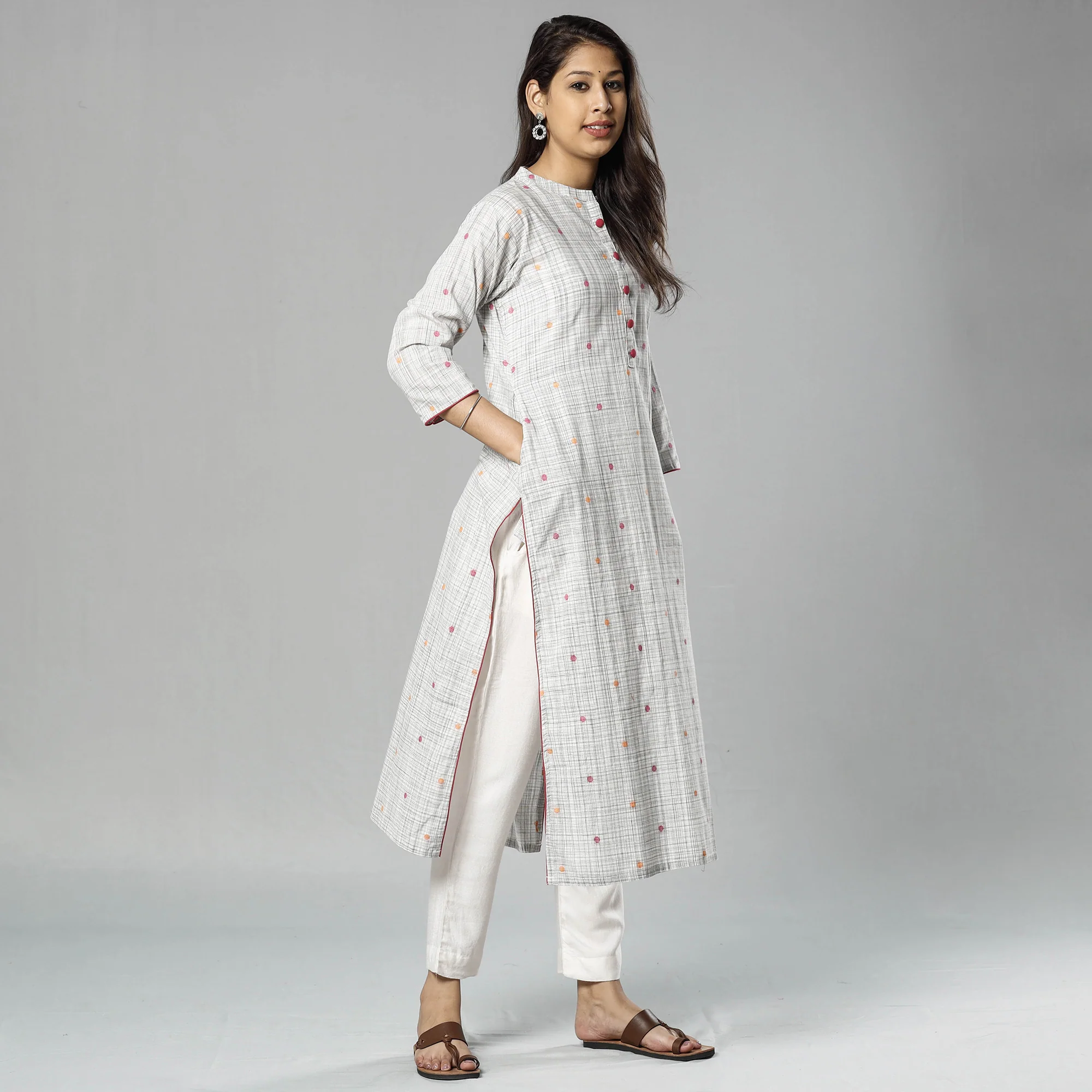 Light Grey - Jacquard Cotton Straight Long Kurta - Image 2
