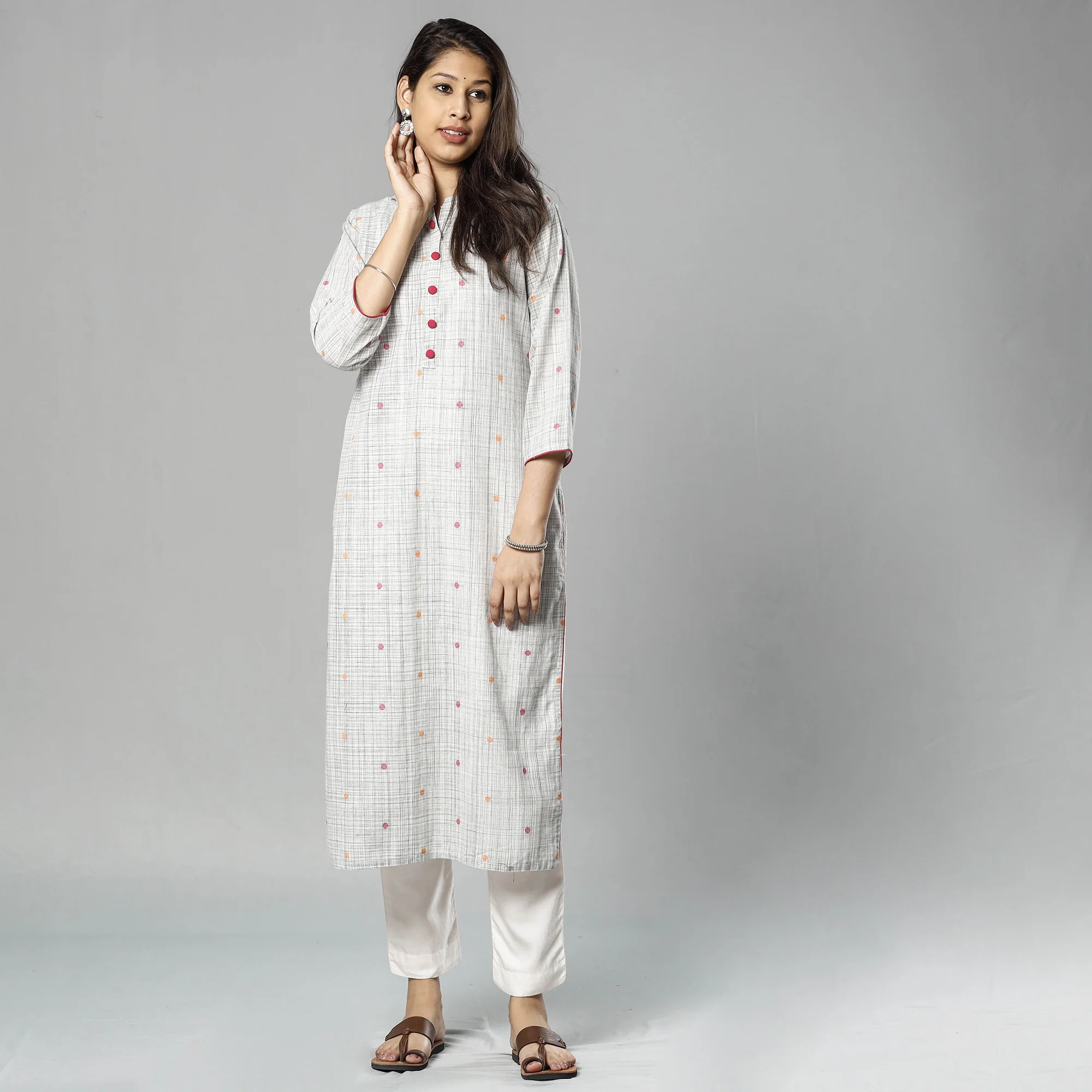 Light Grey - Jacquard Cotton Straight Long Kurta - Image 4