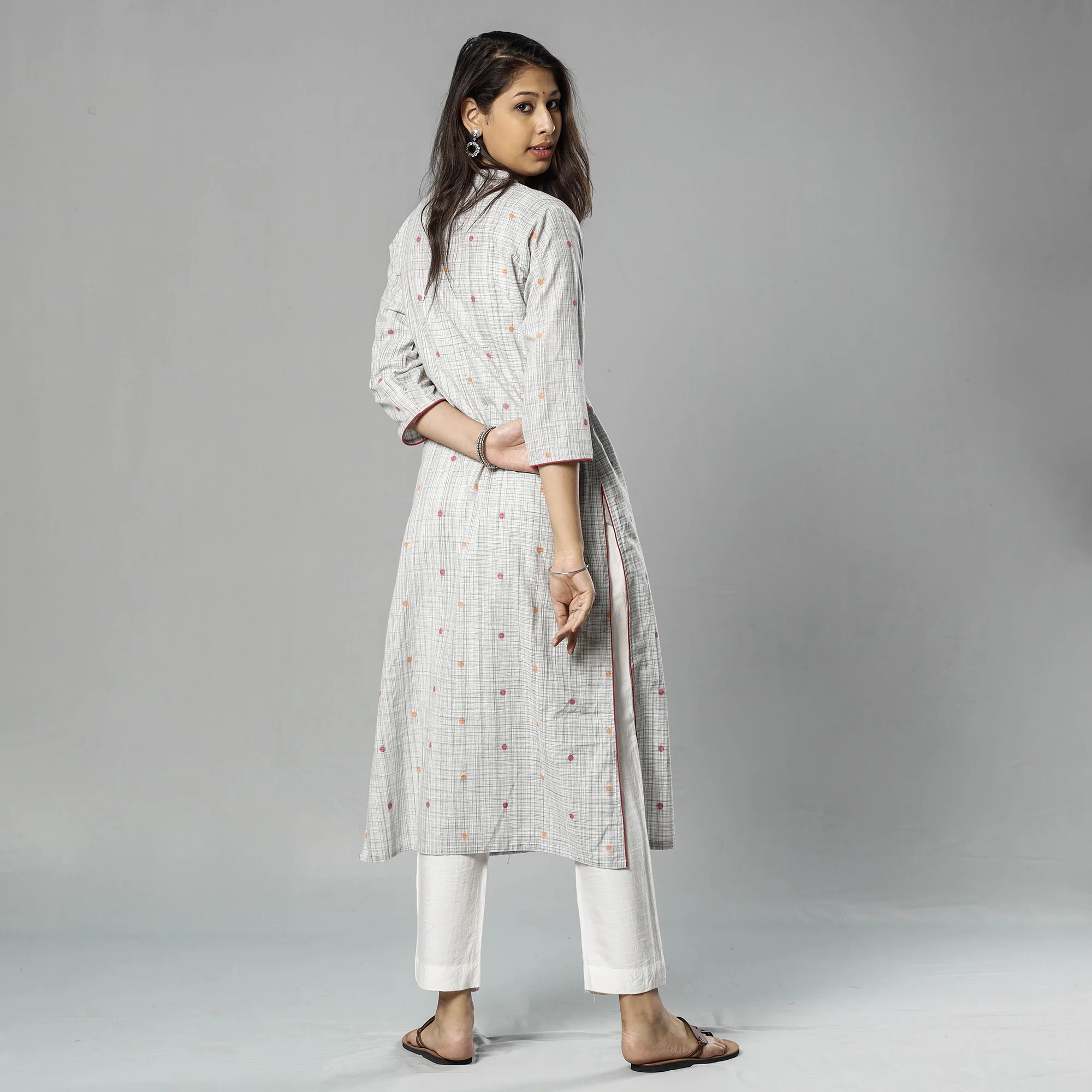 Light Grey - Jacquard Cotton Straight Long Kurta - Image 7