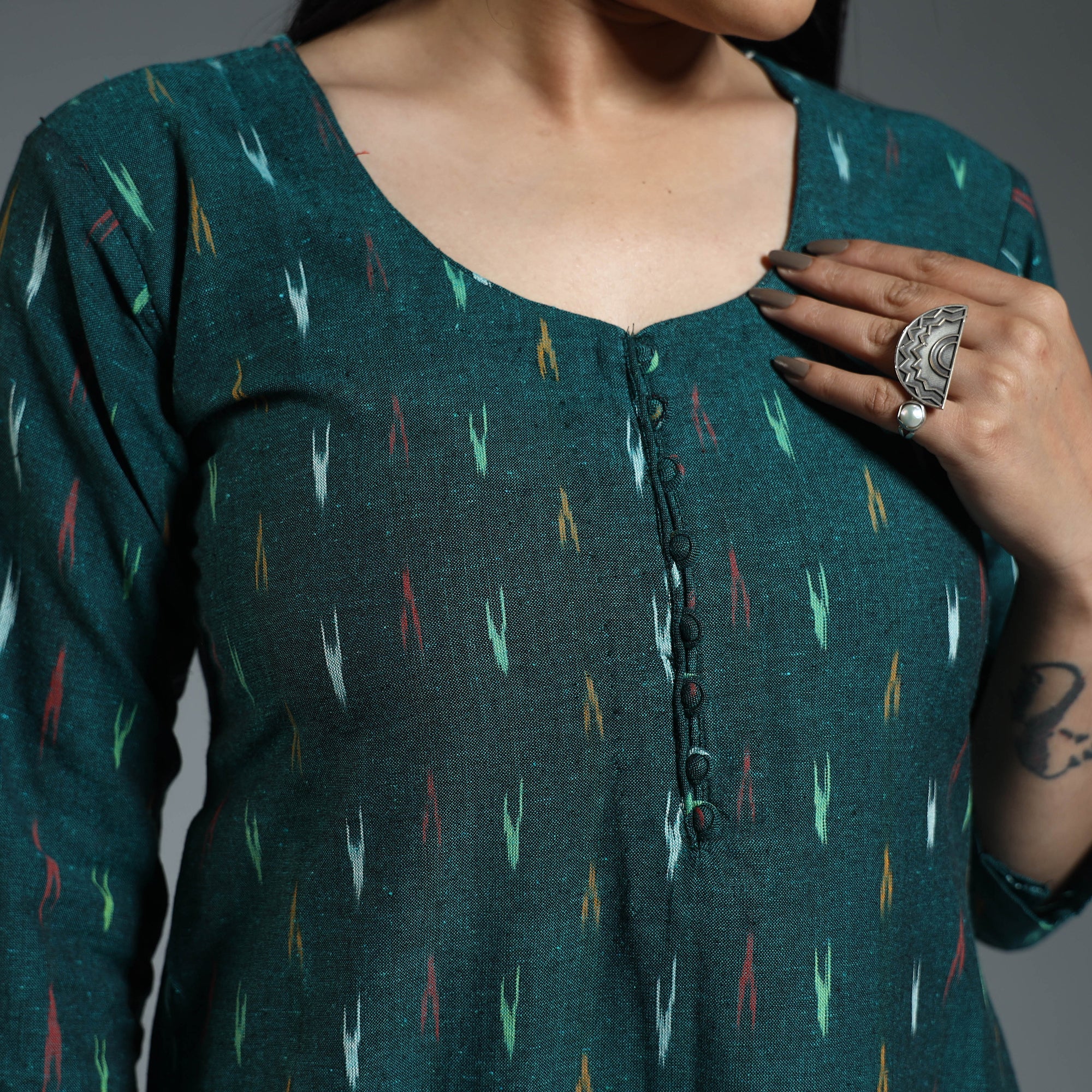 Dark Green - Pochampally Ikat Weave Cotton Long Kurta - Image 5