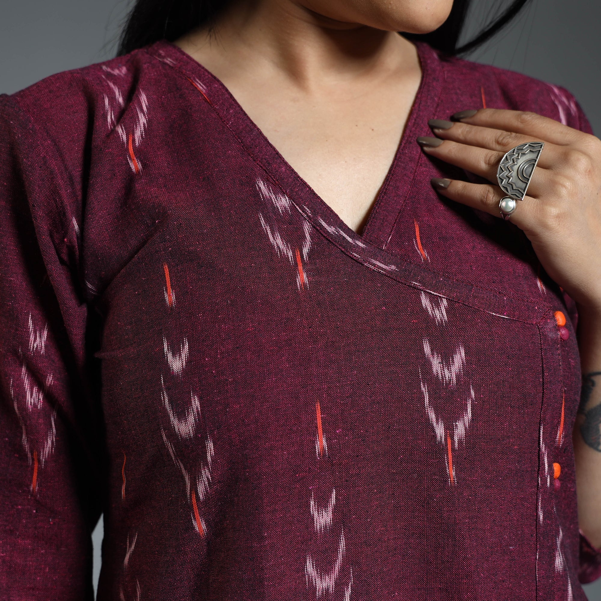 Maroon - Pochampally Ikat Weave Cotton Long Kurta - Image 5