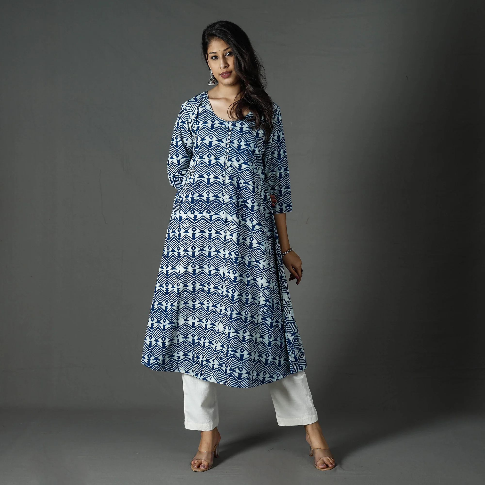 Blue - Pipad Block Printed Cotton A-Line Long Kurta - Image 2