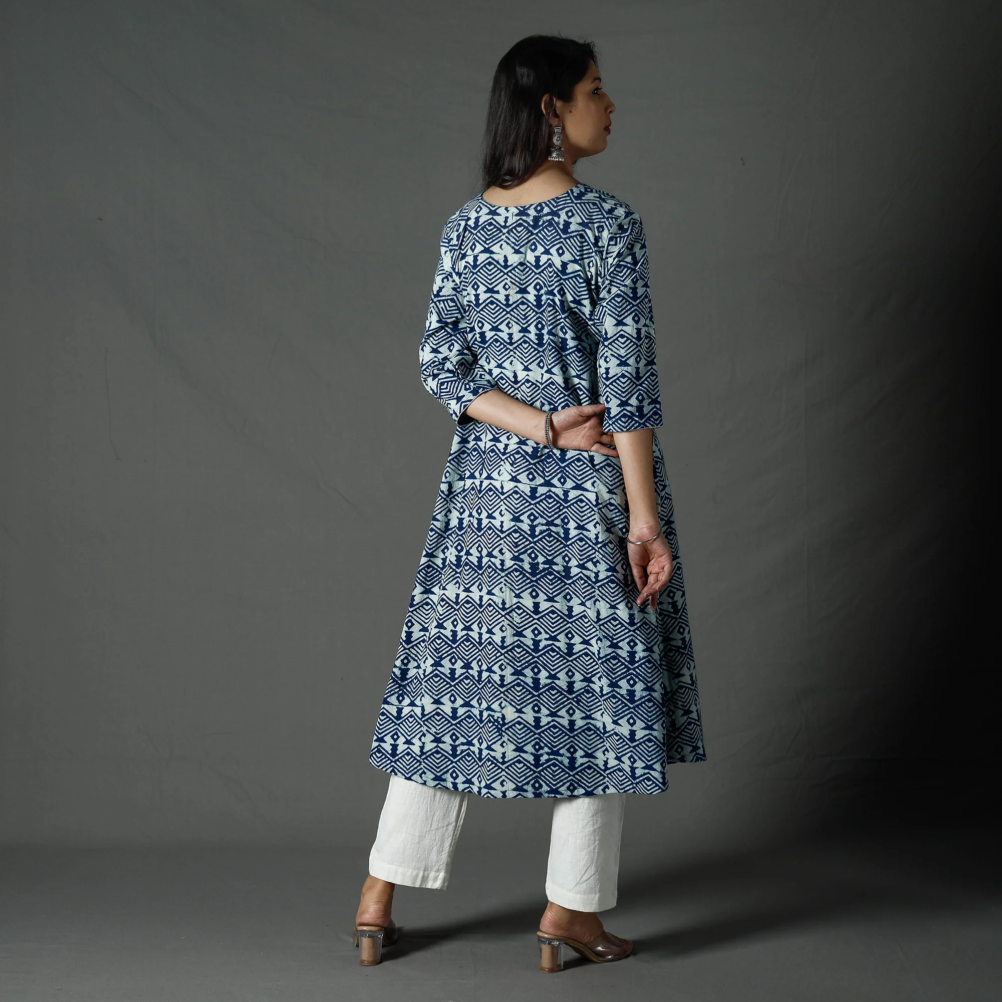 Blue - Pipad Block Printed Cotton A-Line Long Kurta - Image 6