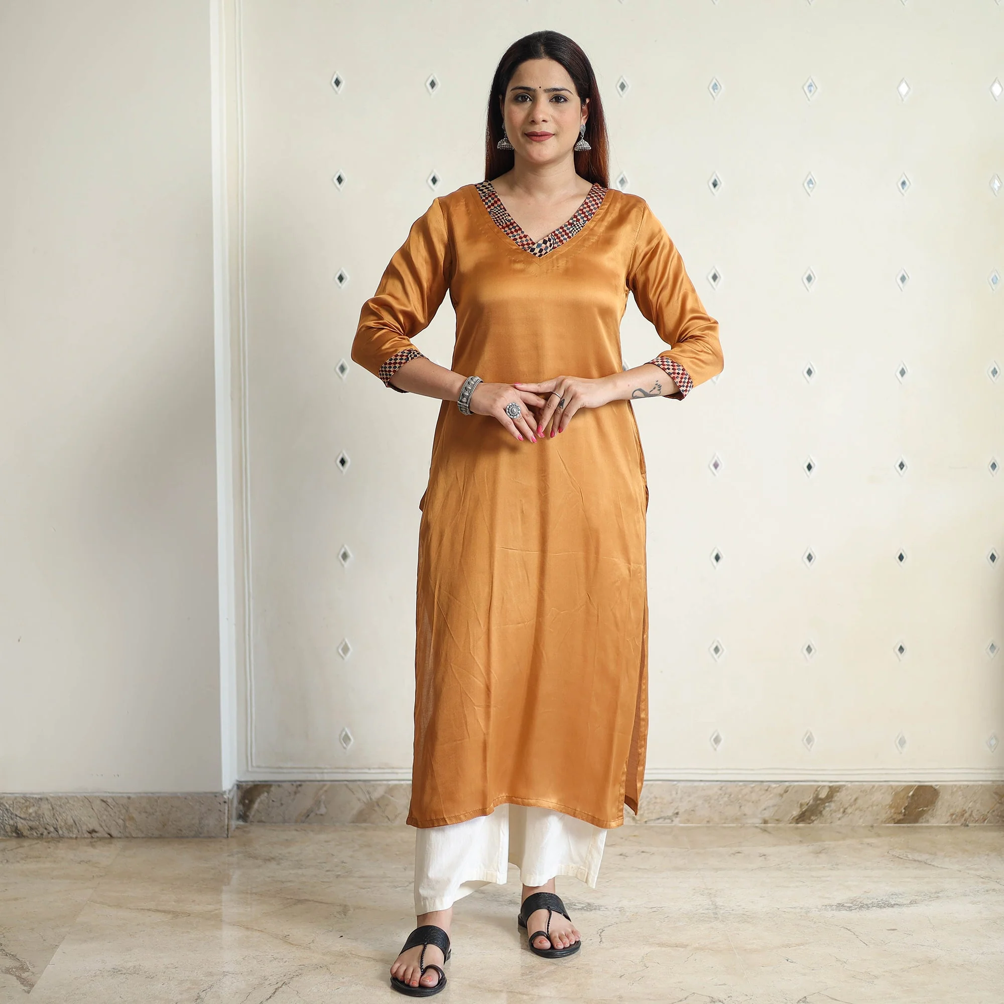 Brown - Modal Silk Plain Long Straight Kurta 46 - Image 2