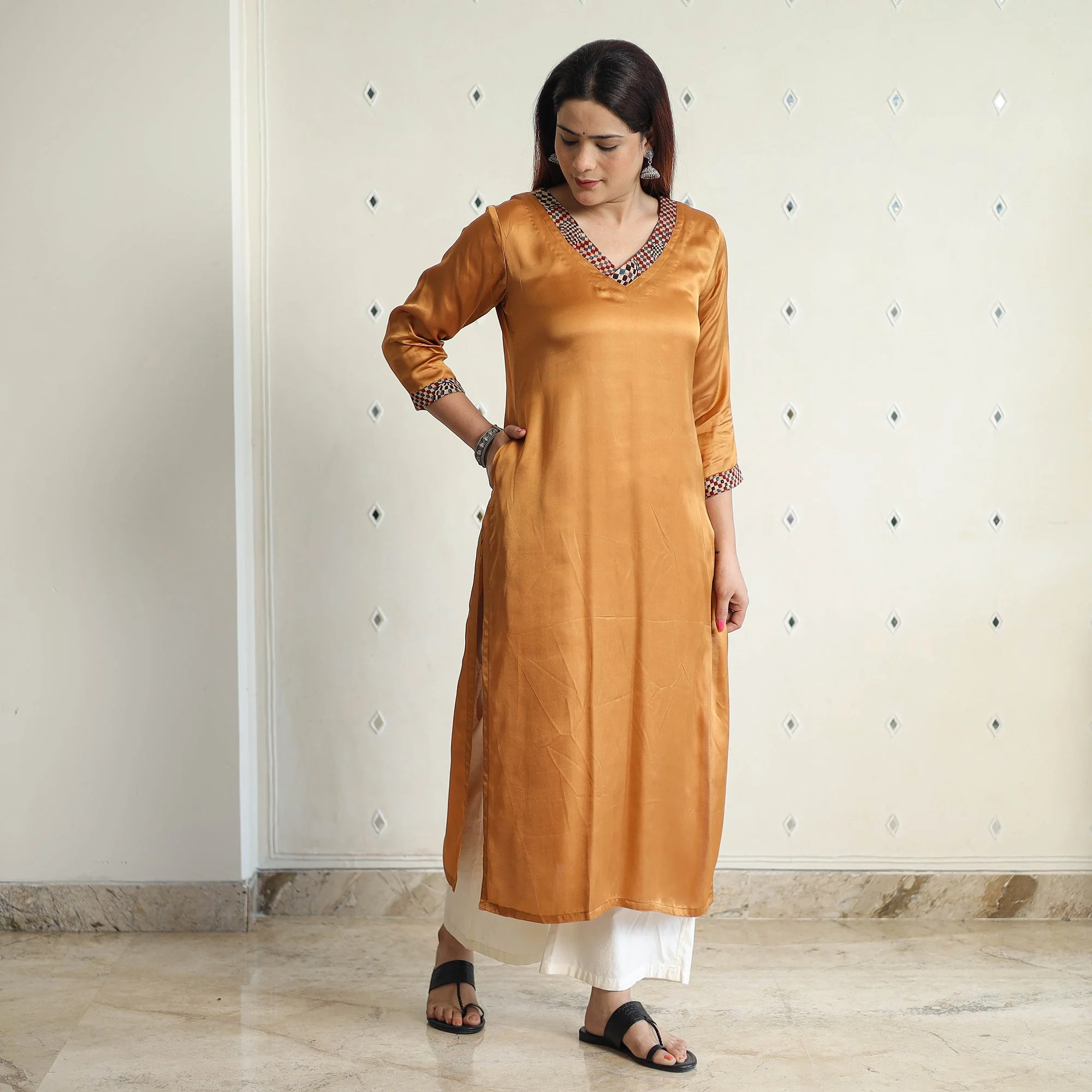 Brown - Modal Silk Plain Long Straight Kurta 46 - Image 3