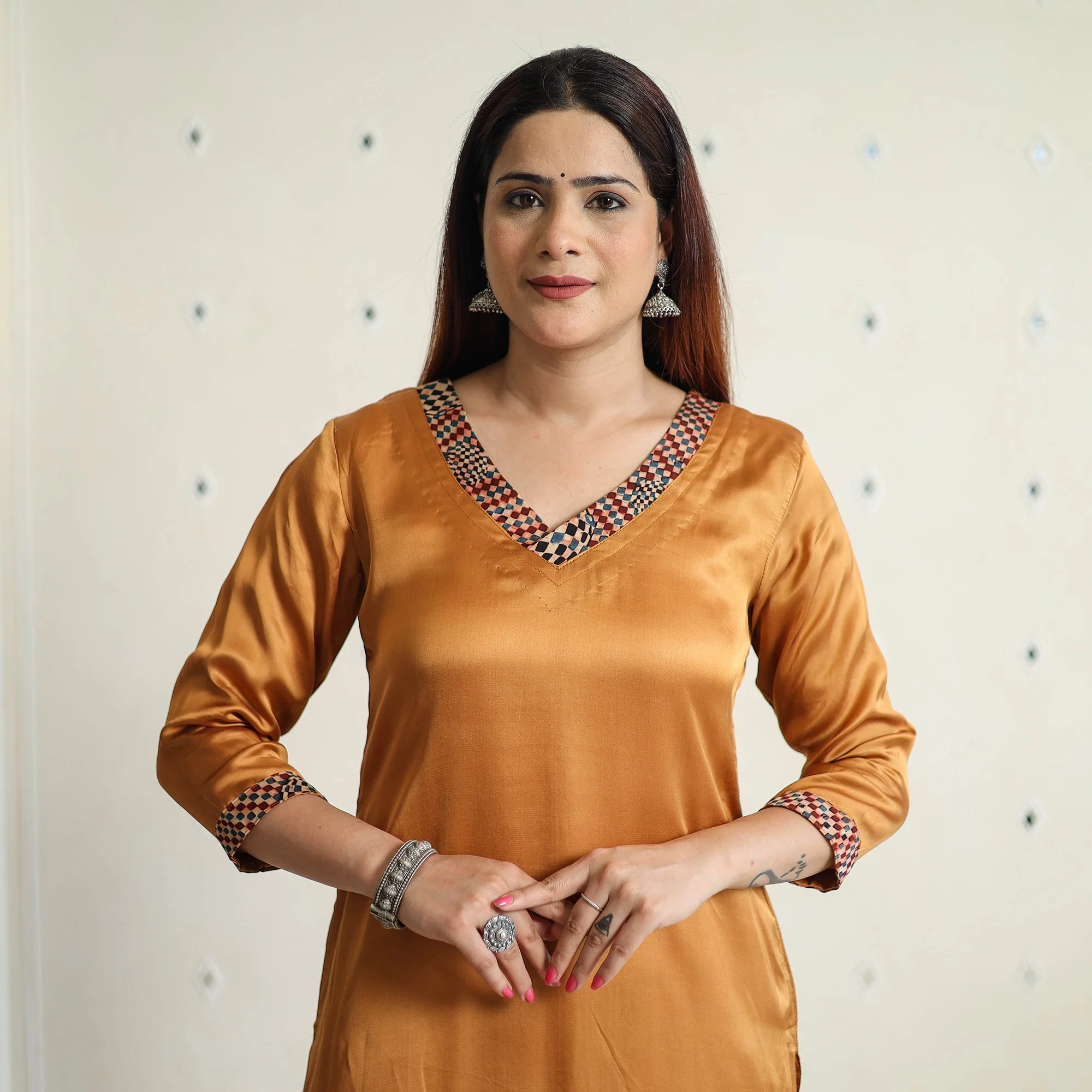 Brown - Modal Silk Plain Long Straight Kurta 46 - Image 4