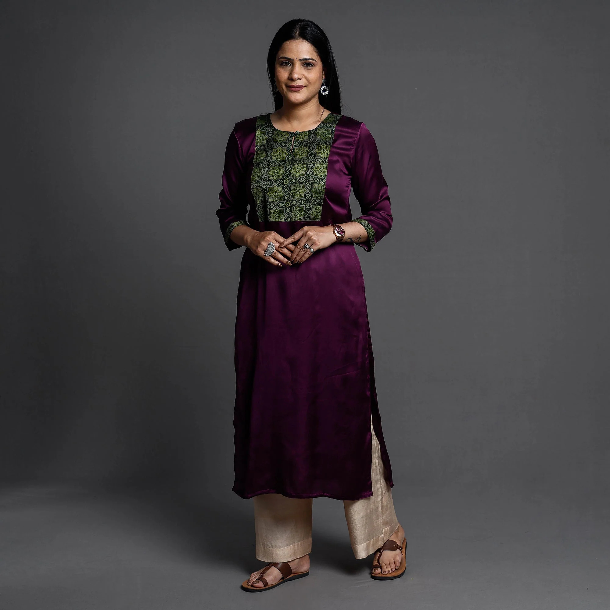 Dark Purple Modal Silk Plain Long Straight Kurta - Image 2
