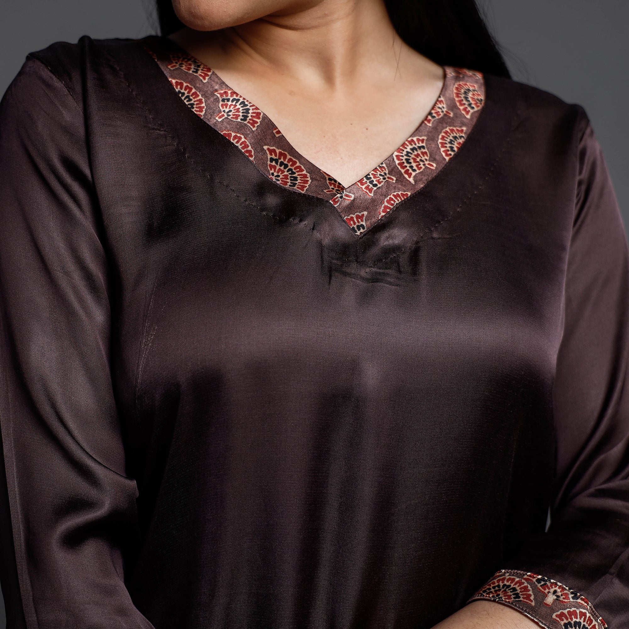 Dark Brown - Modal Silk Plain Long Straight Kurta - Image 4