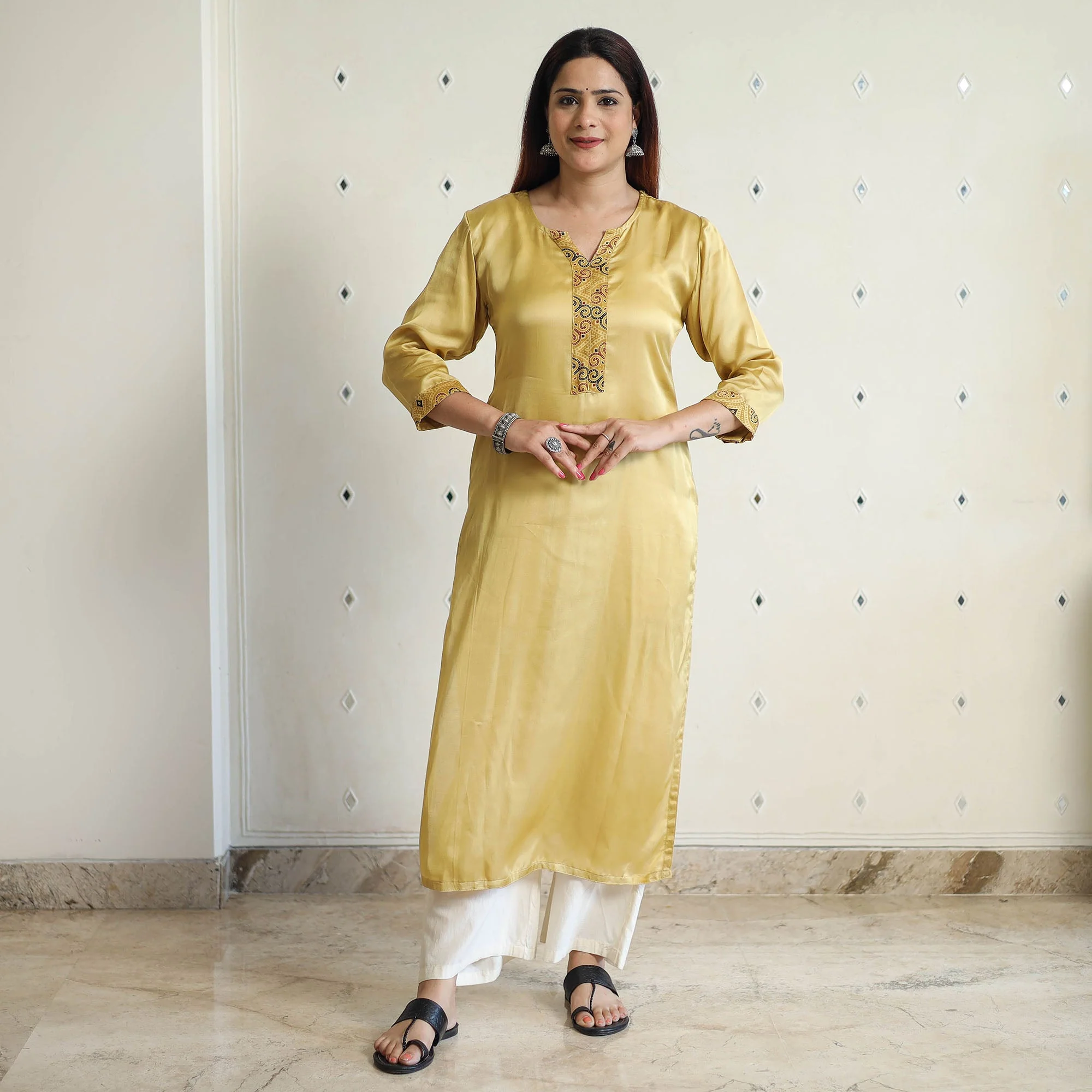 Beige - Modal Silk Plain Long Straight Kurta 34 - Image 3