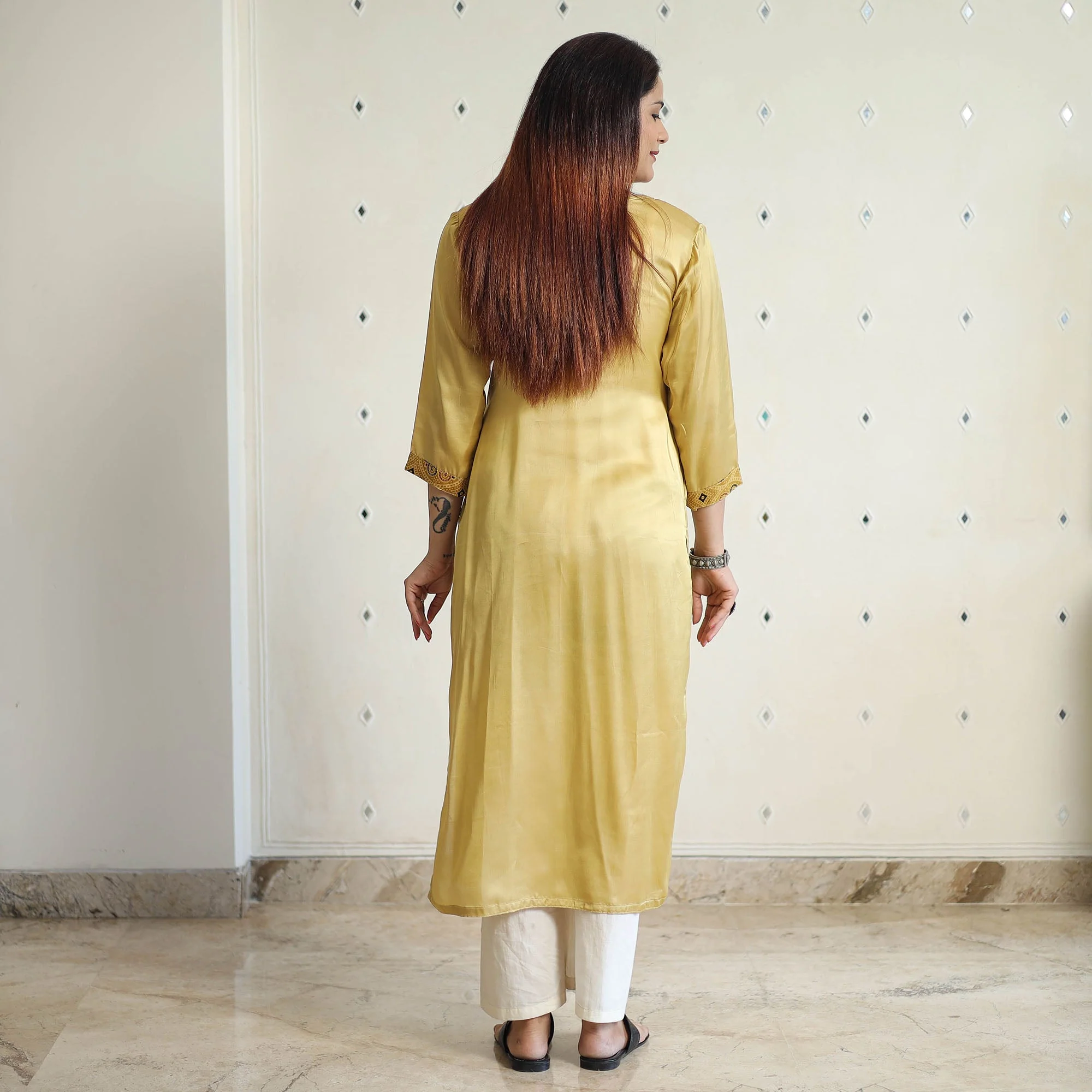 Beige - Modal Silk Plain Long Straight Kurta 34 - Image 4