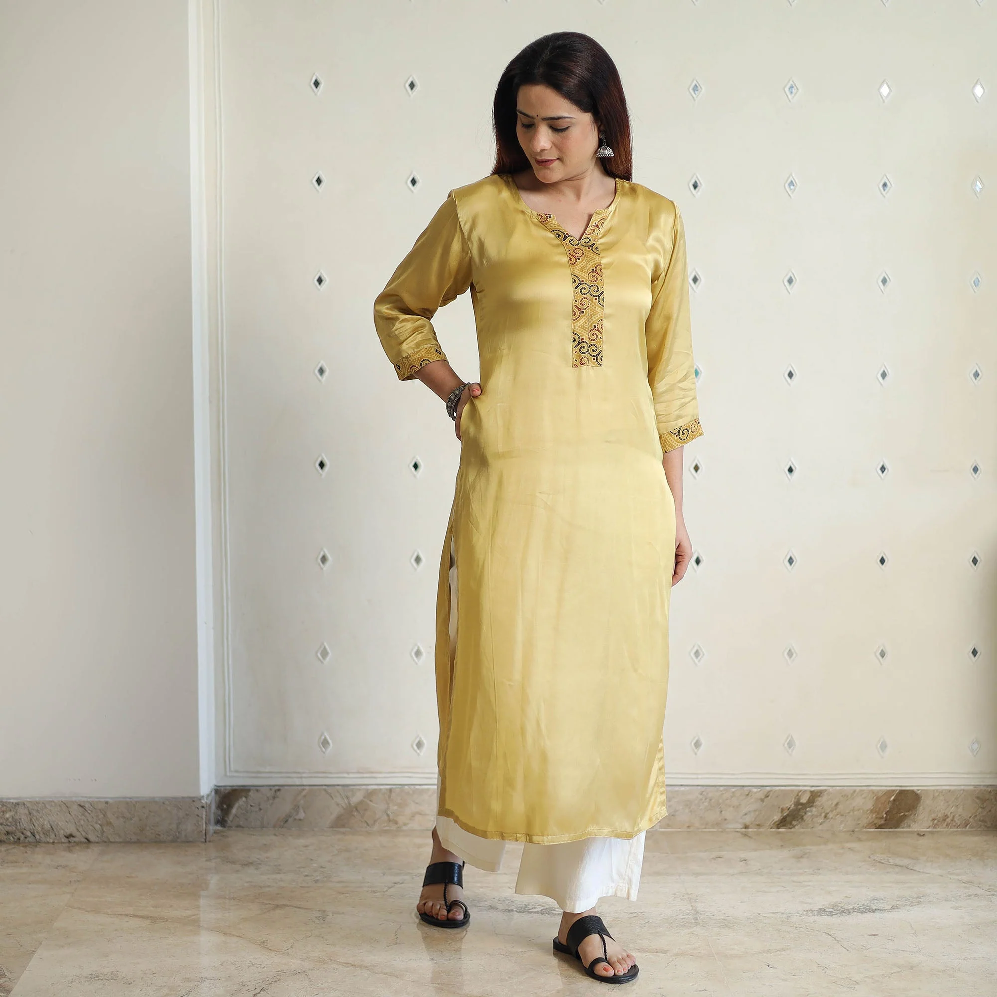 Beige - Modal Silk Plain Long Straight Kurta 34 - Image 7