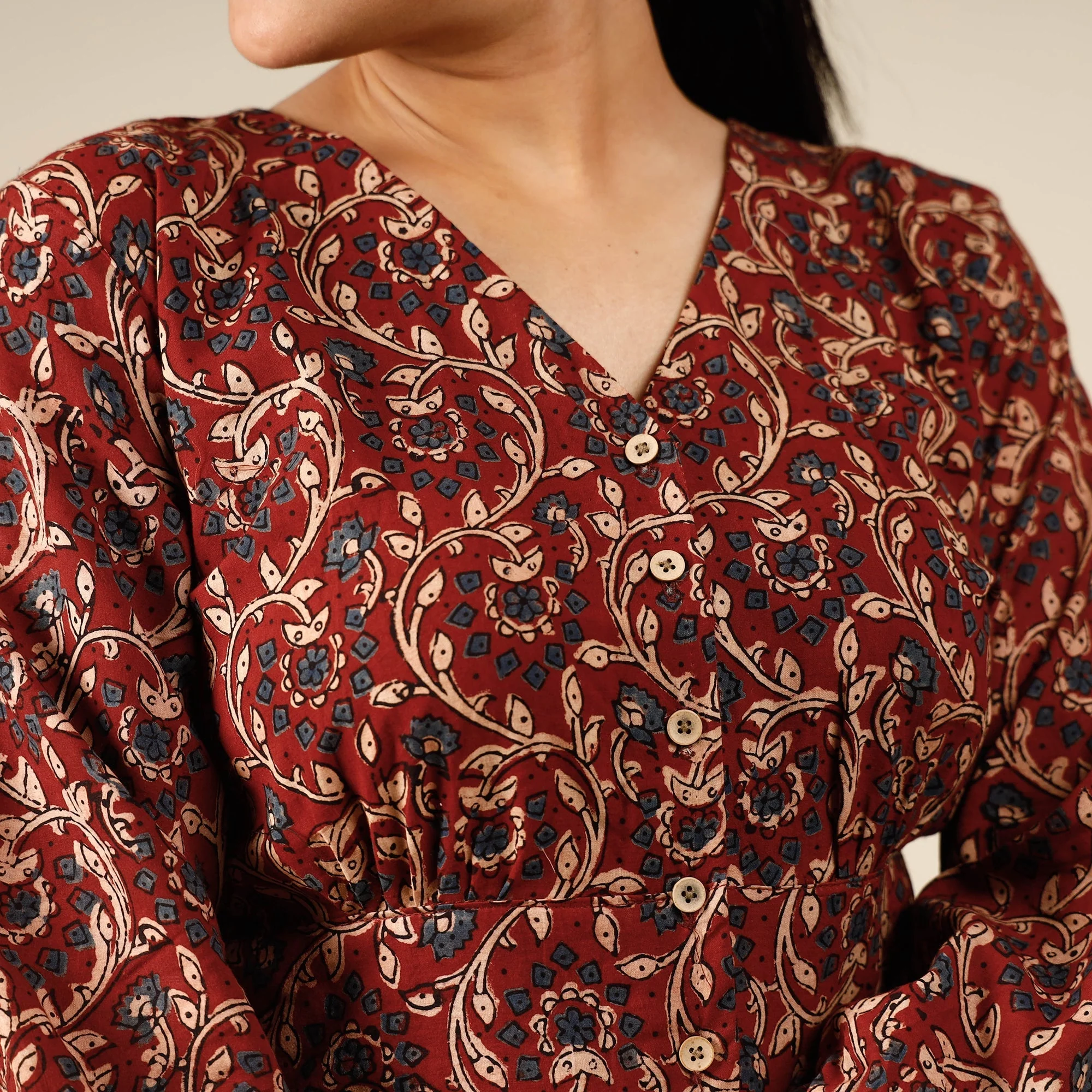 Red - Ajrakh Block Printed Full Sleeve Cotton Crop Top - Image 3