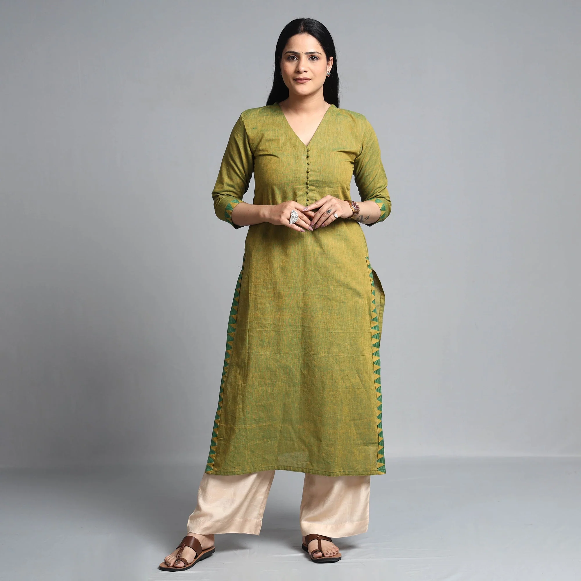 Green Yellow Dharwad Cotton Long Kurta