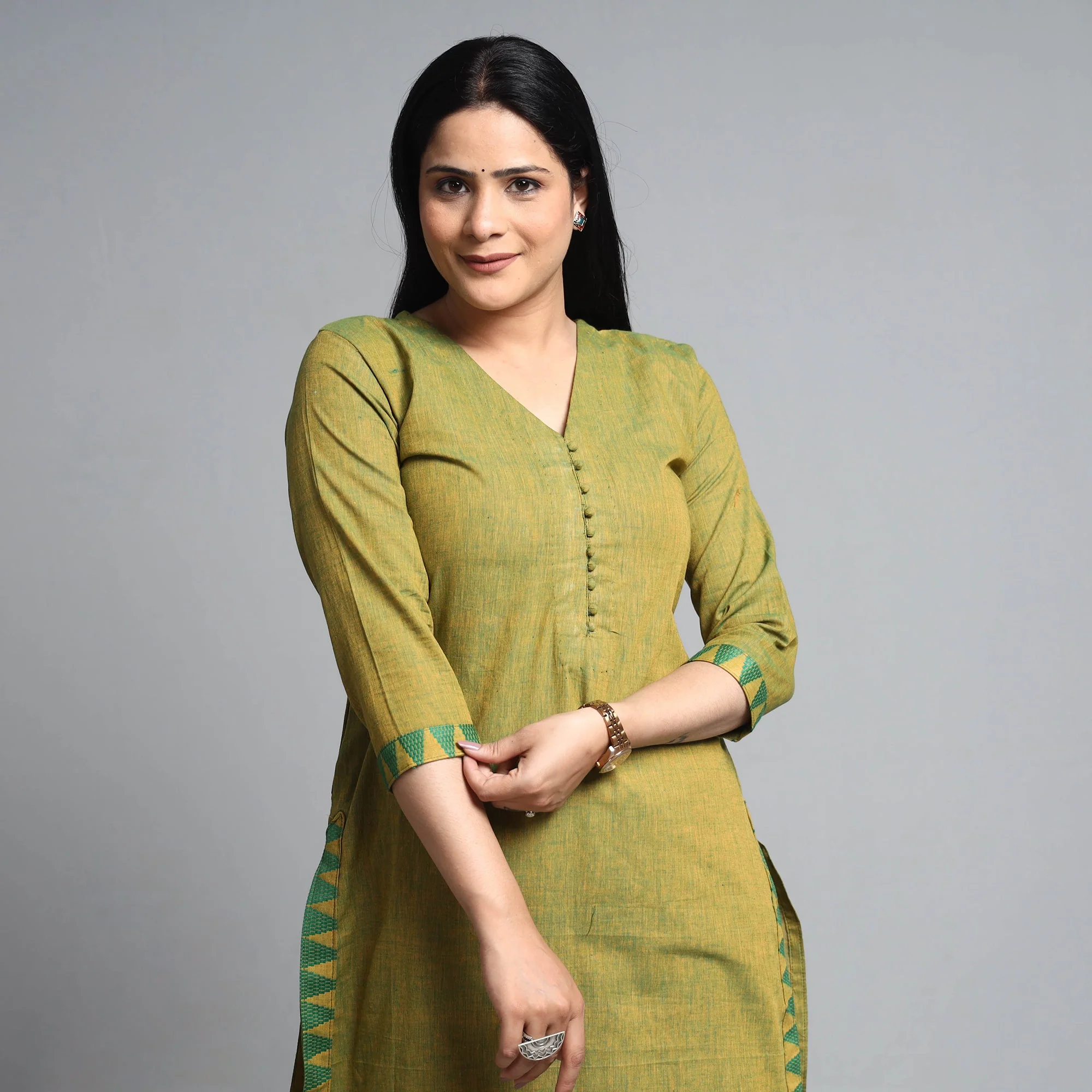 Green Yellow Dharwad Cotton Long Kurta - Image 3