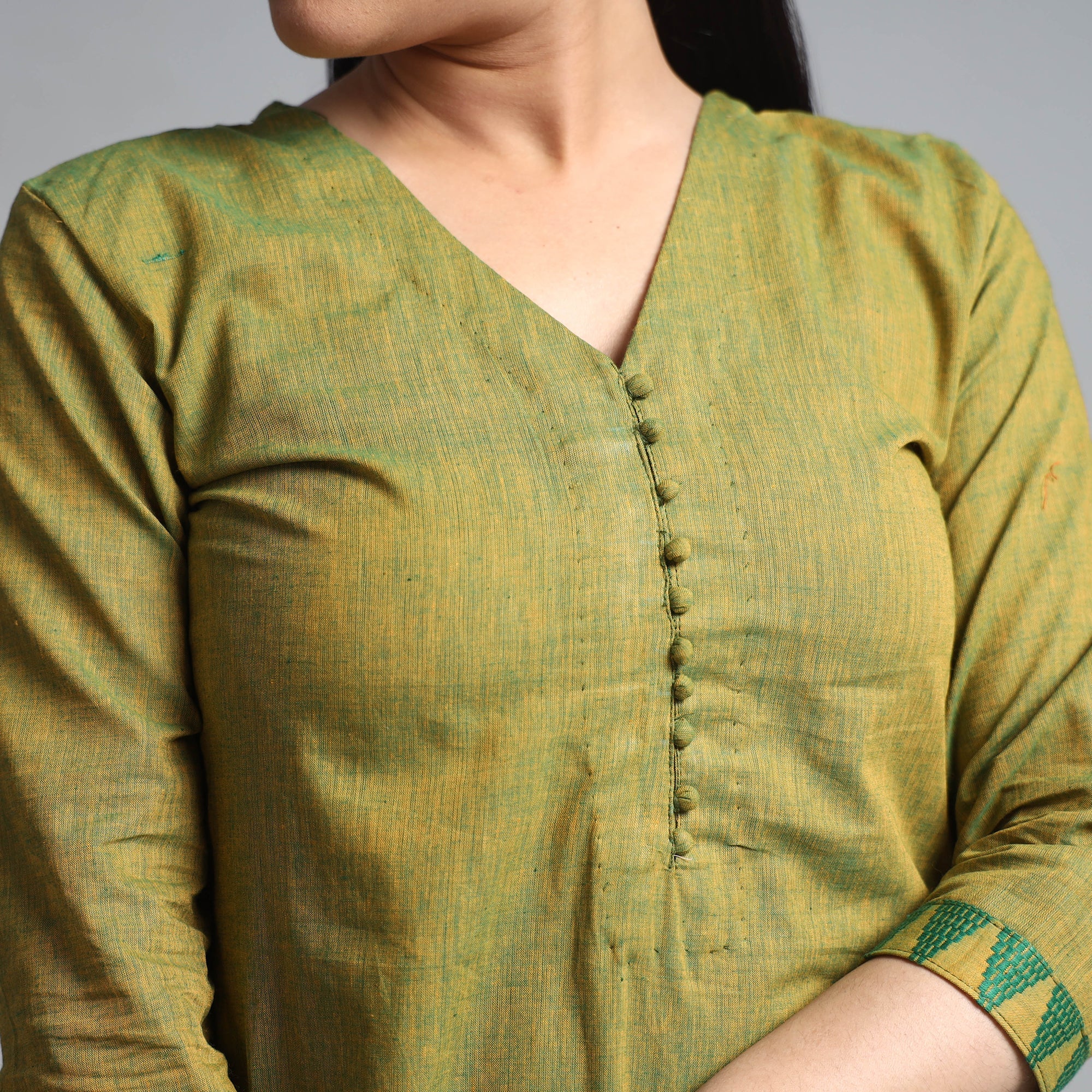 Green Yellow Dharwad Cotton Long Kurta - Image 4