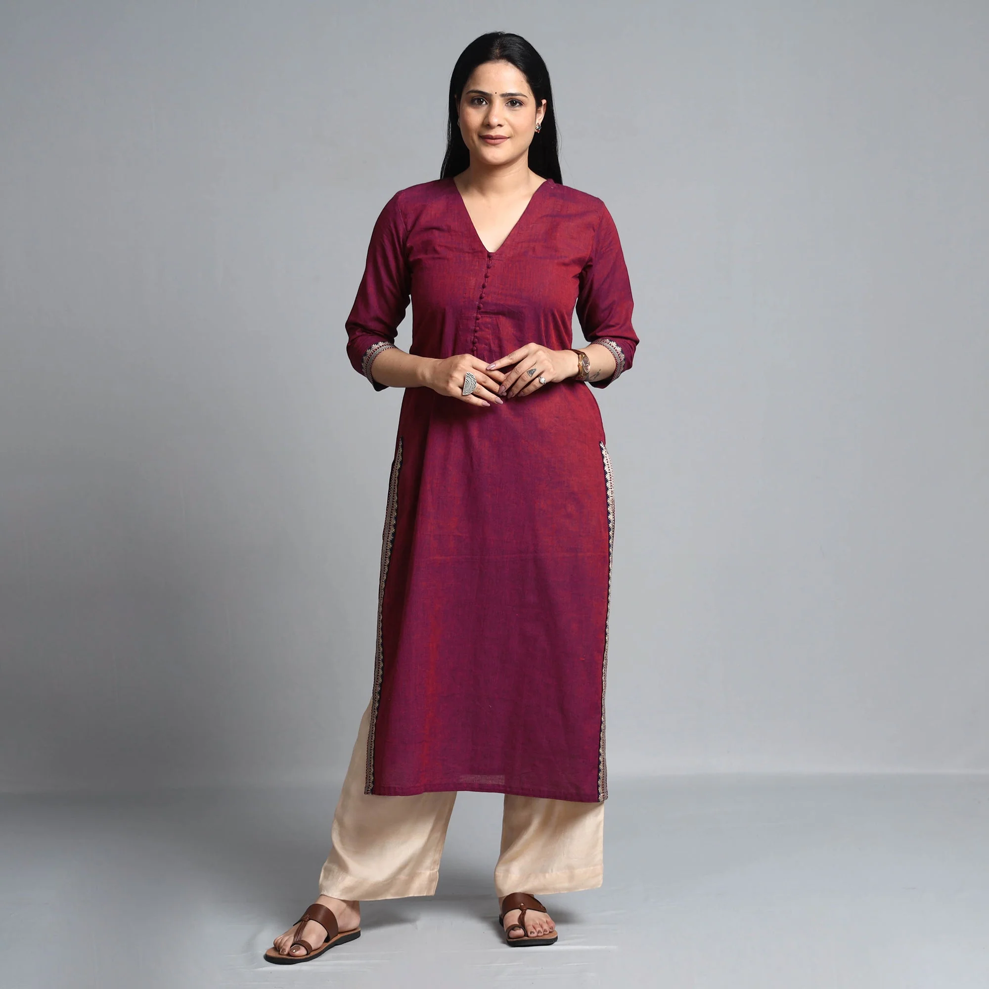 Purple - Dark Pink - Dharwad Cotton Straight Kurta