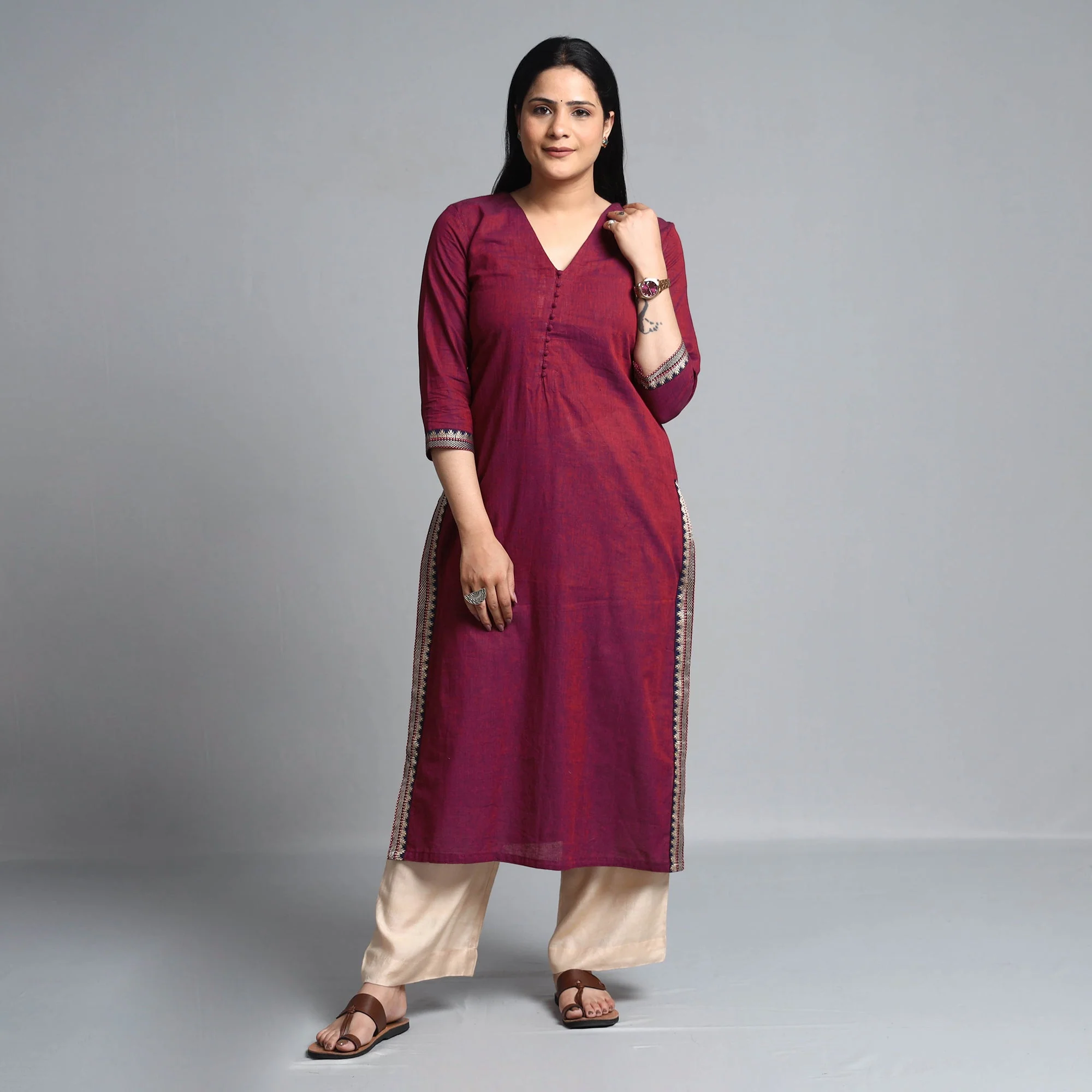 Purple - Dark Pink - Dharwad Cotton Straight Kurta - Image 2
