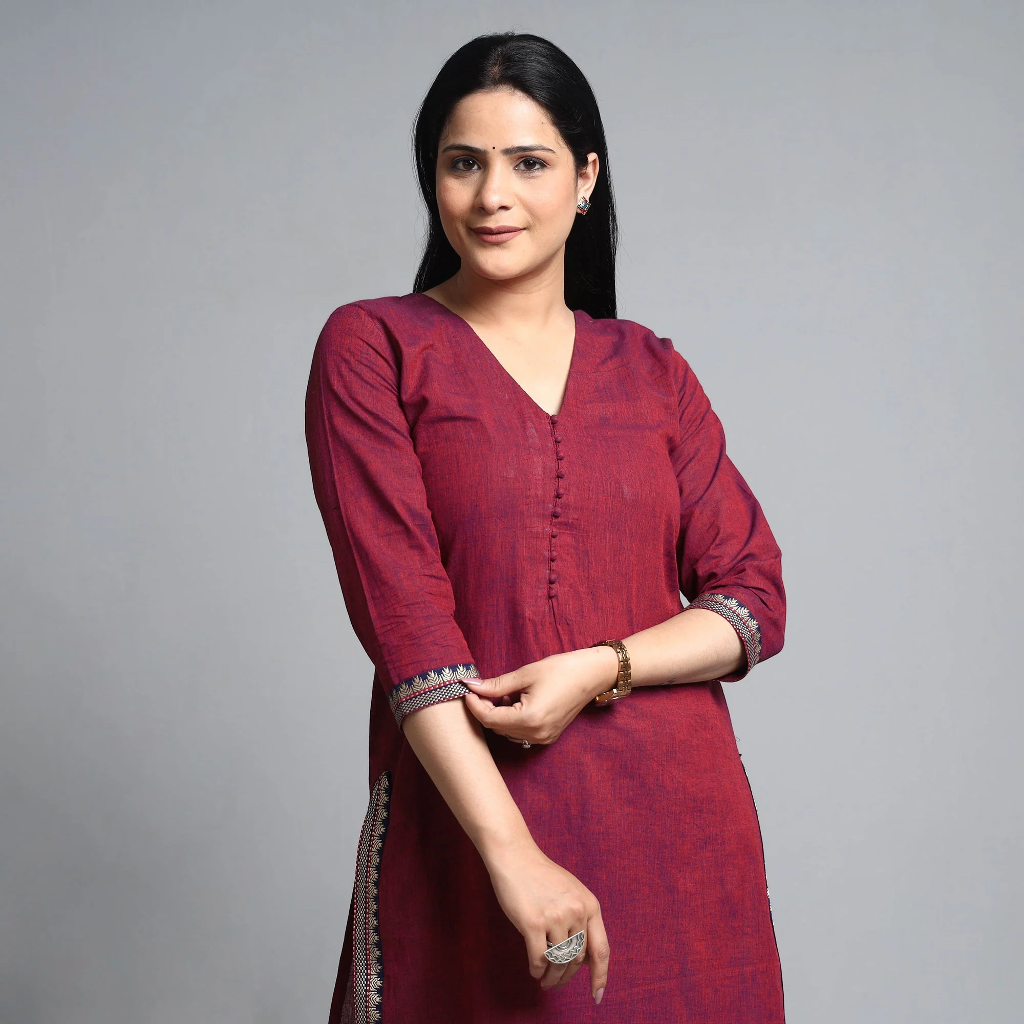 Purple - Dark Pink - Dharwad Cotton Straight Kurta - Image 3