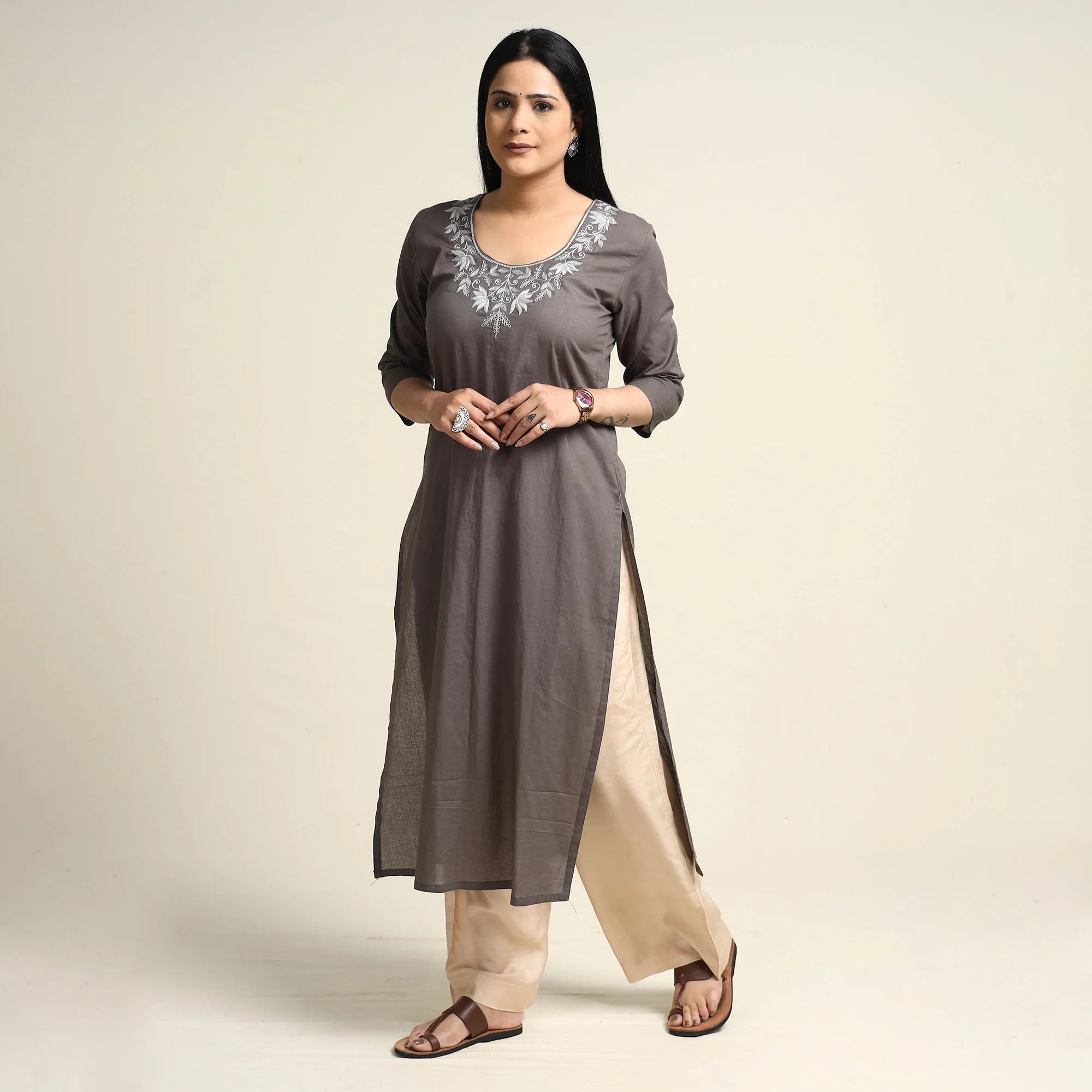 Brown - Hand Embroidery Plain Cotton Long Straight Kurta
