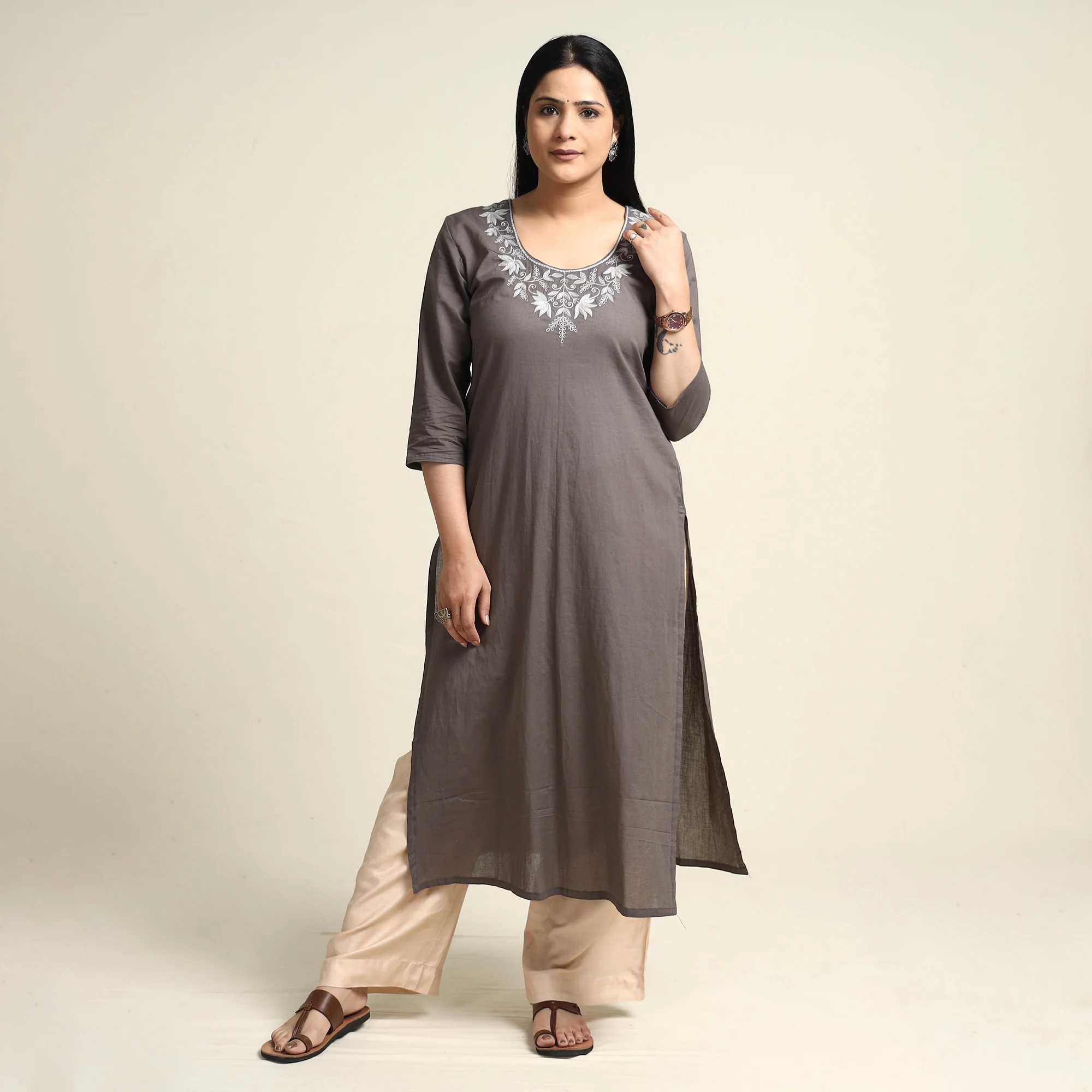 Brown - Hand Embroidery Plain Cotton Long Straight Kurta - Image 2