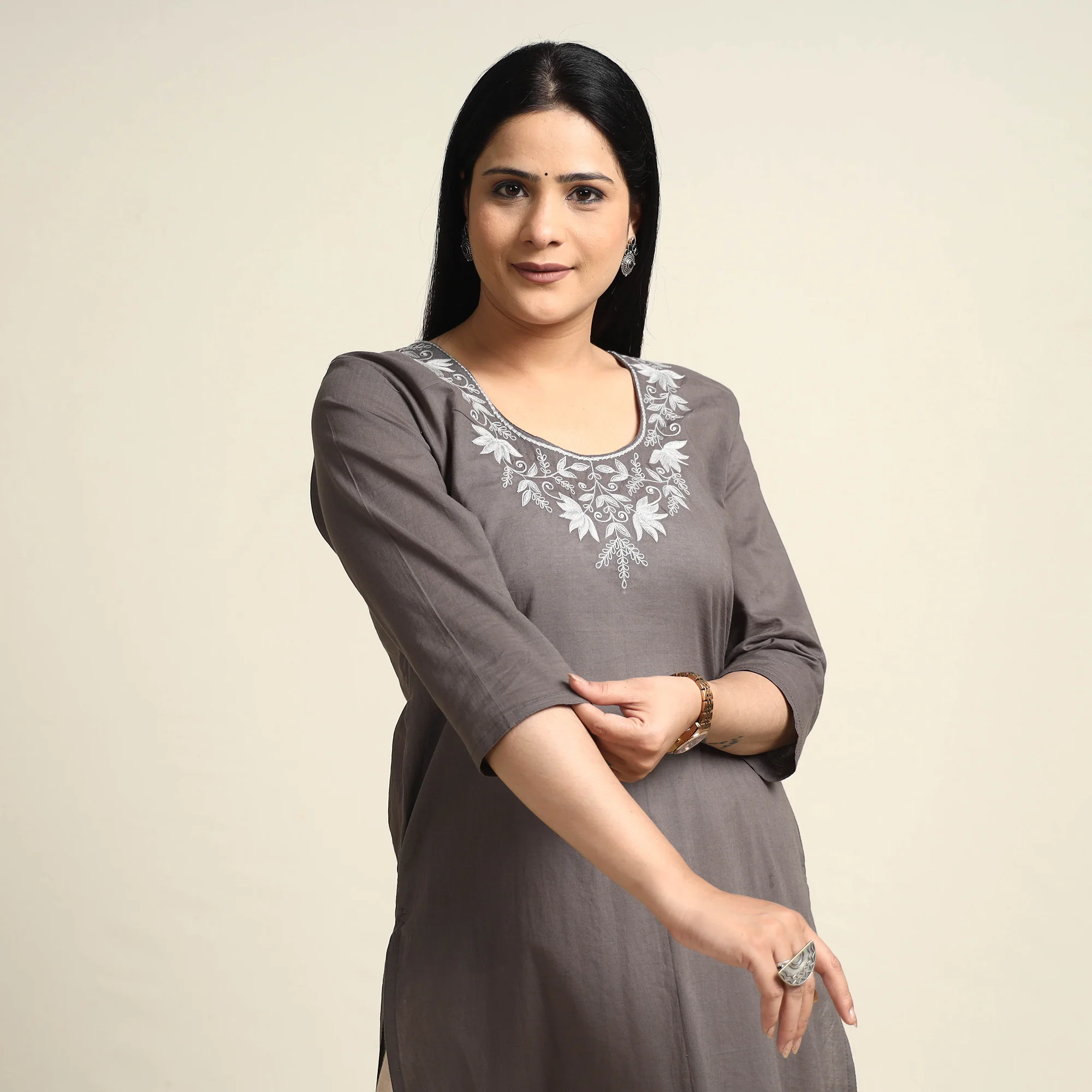 Brown - Hand Embroidery Plain Cotton Long Straight Kurta - Image 3