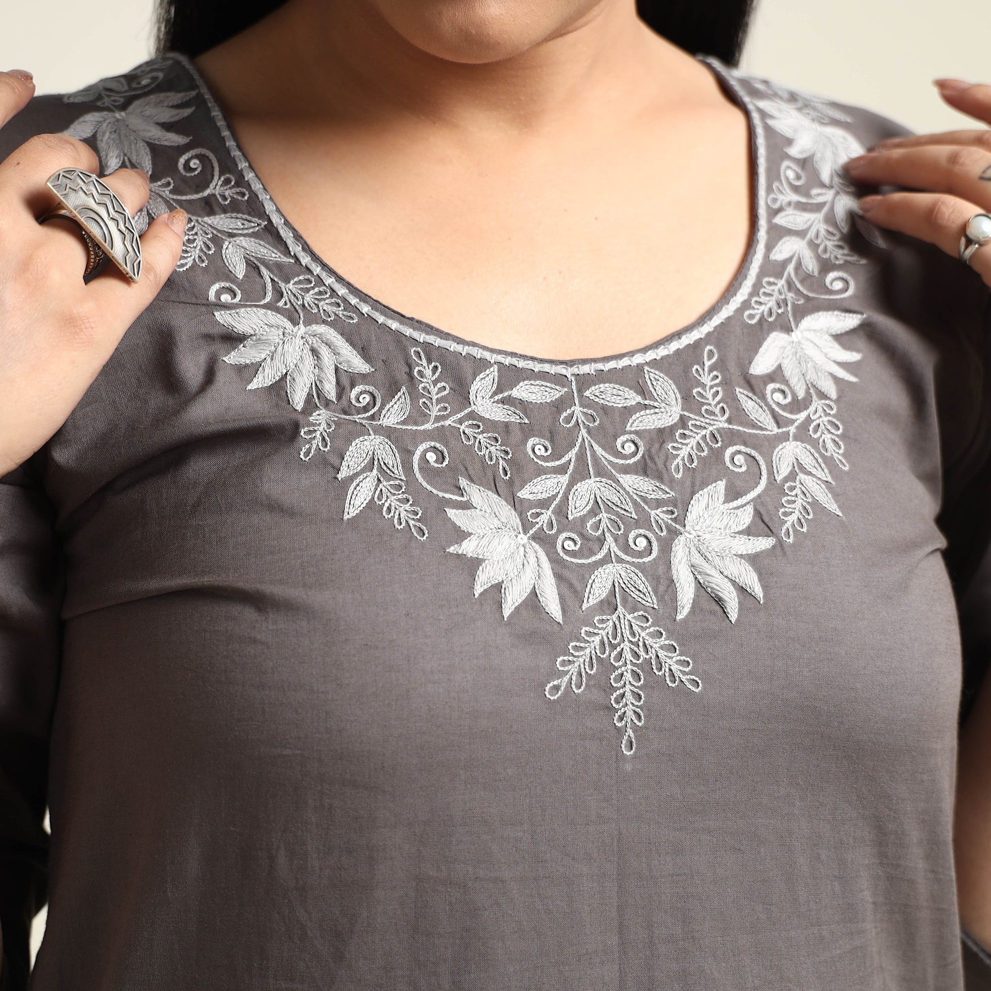 Brown - Hand Embroidery Plain Cotton Long Straight Kurta - Image 4