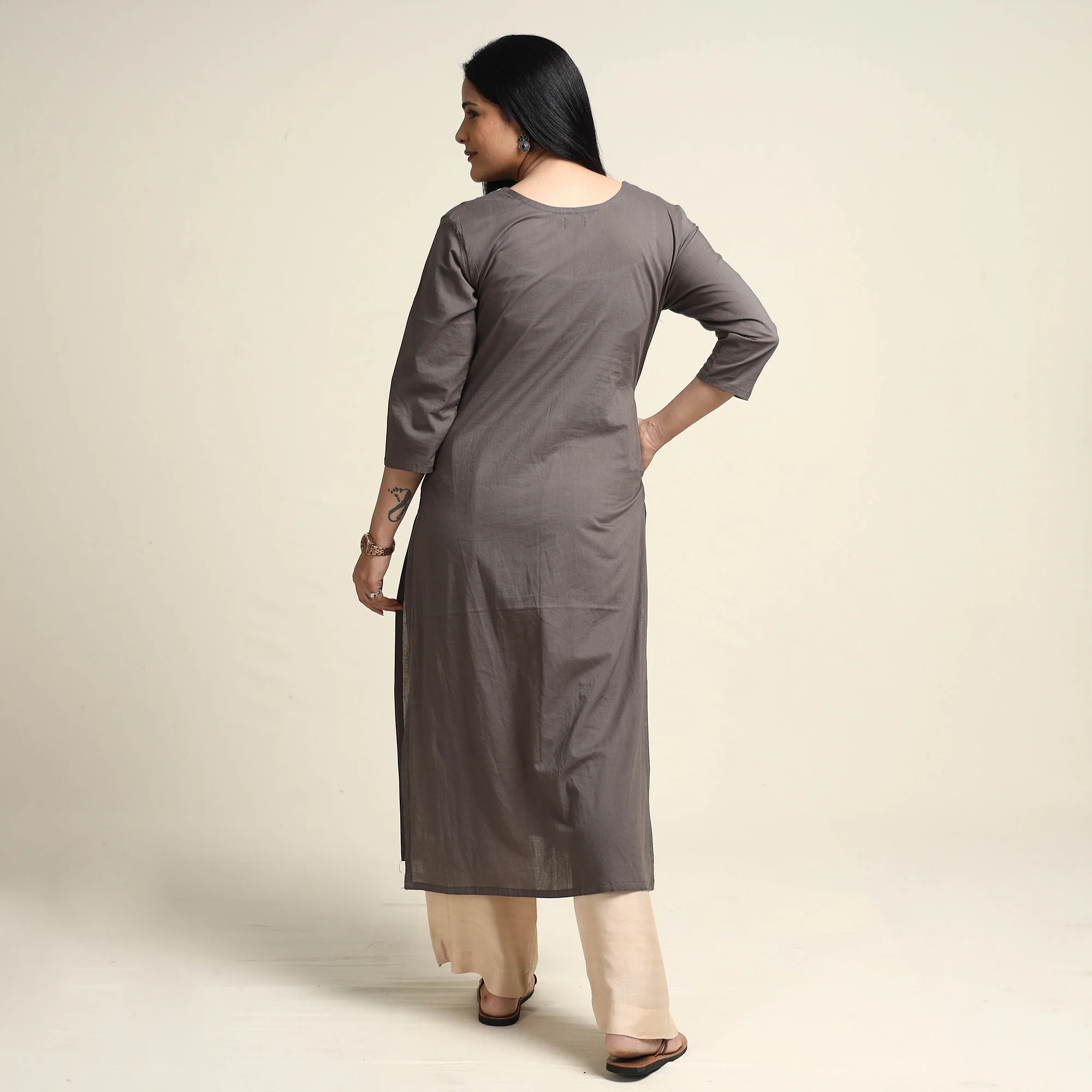 Brown - Hand Embroidery Plain Cotton Long Straight Kurta - Image 6
