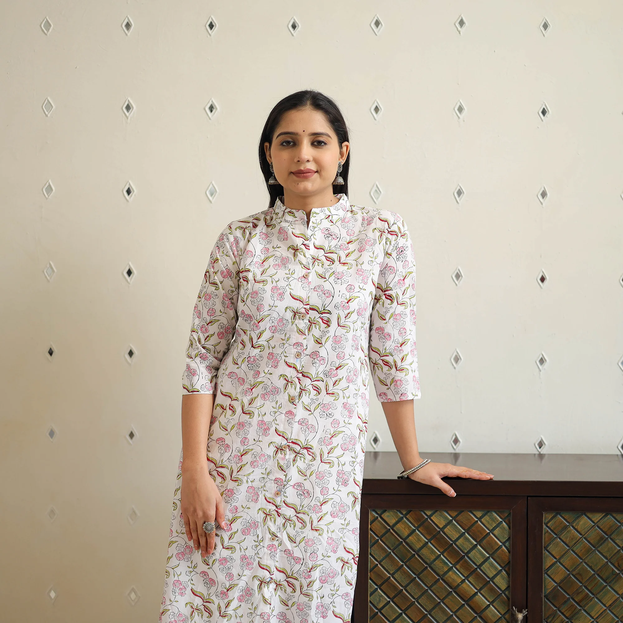 White - Block Print Cotton A-Line Sanganeri Kurta 25