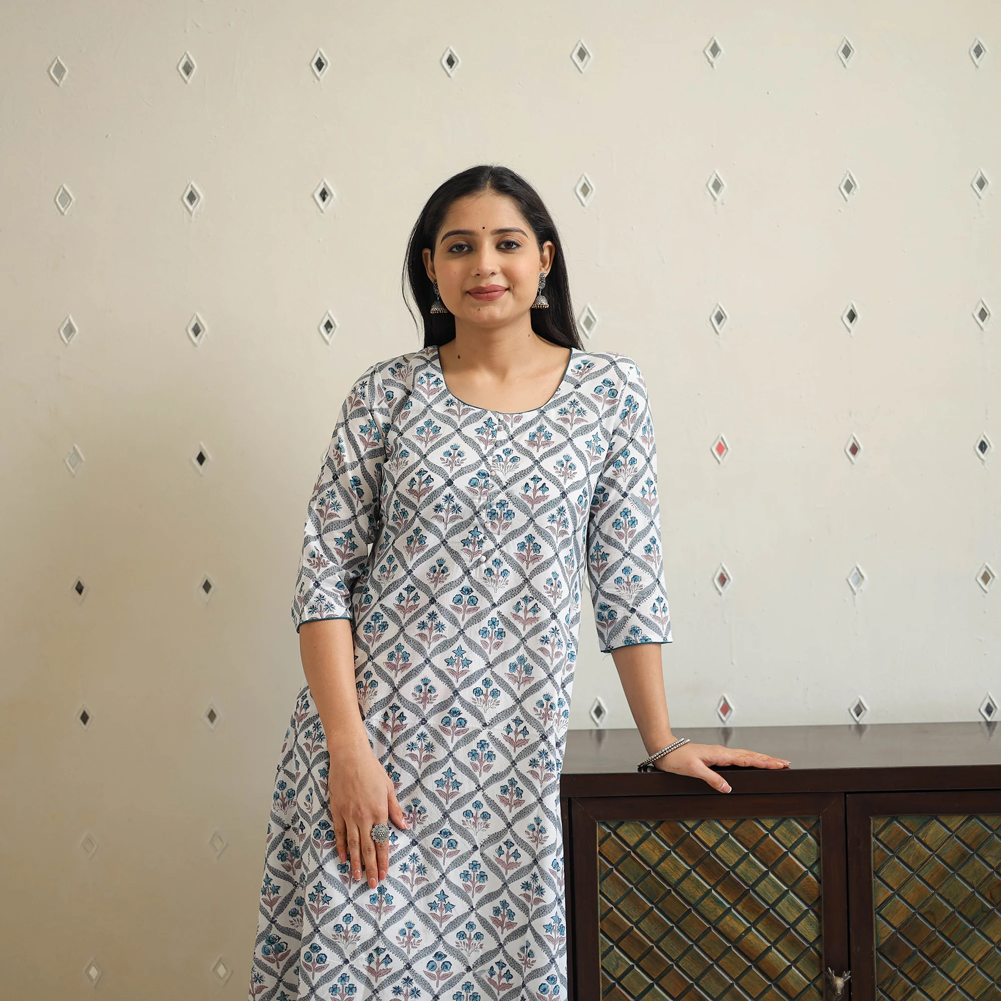 White - Block Print Cotton A-Line Sanganeri Kurta 14