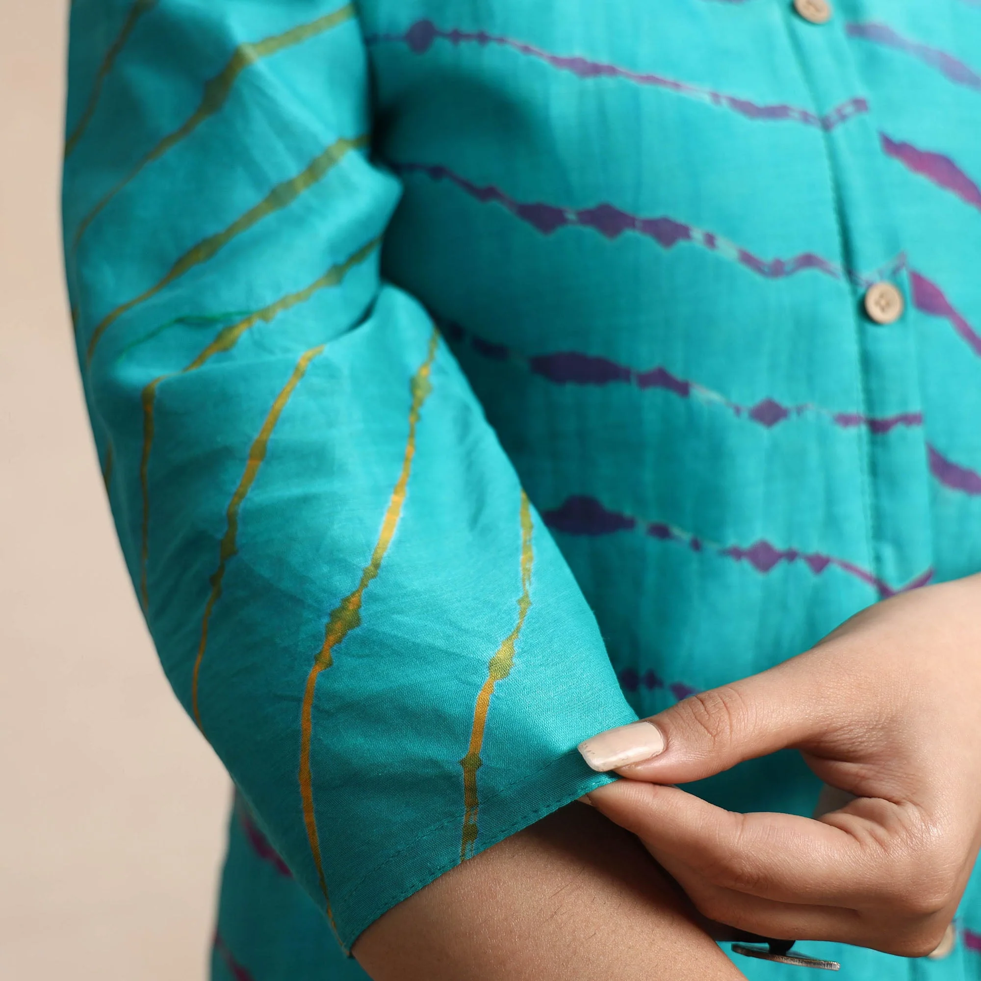 Blue - Turquoise Leheriya Tie-Dye Chanderi Silk A-Line Long Kurta - Image 5