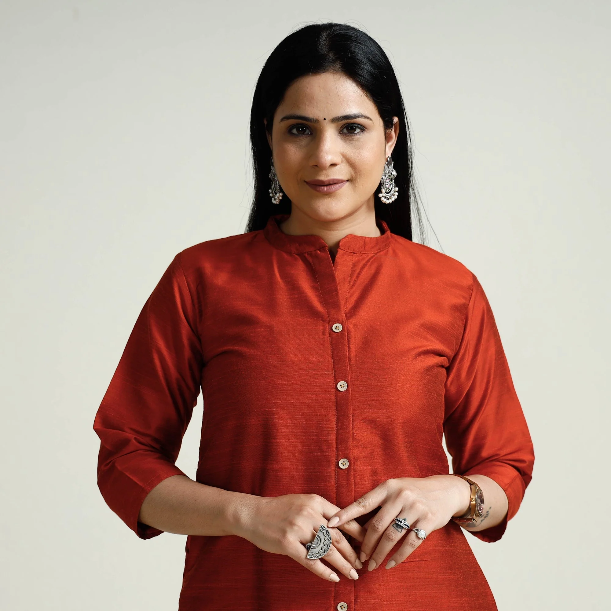 Dark - Orange Plain Slub Silk A-Line Long Kurta