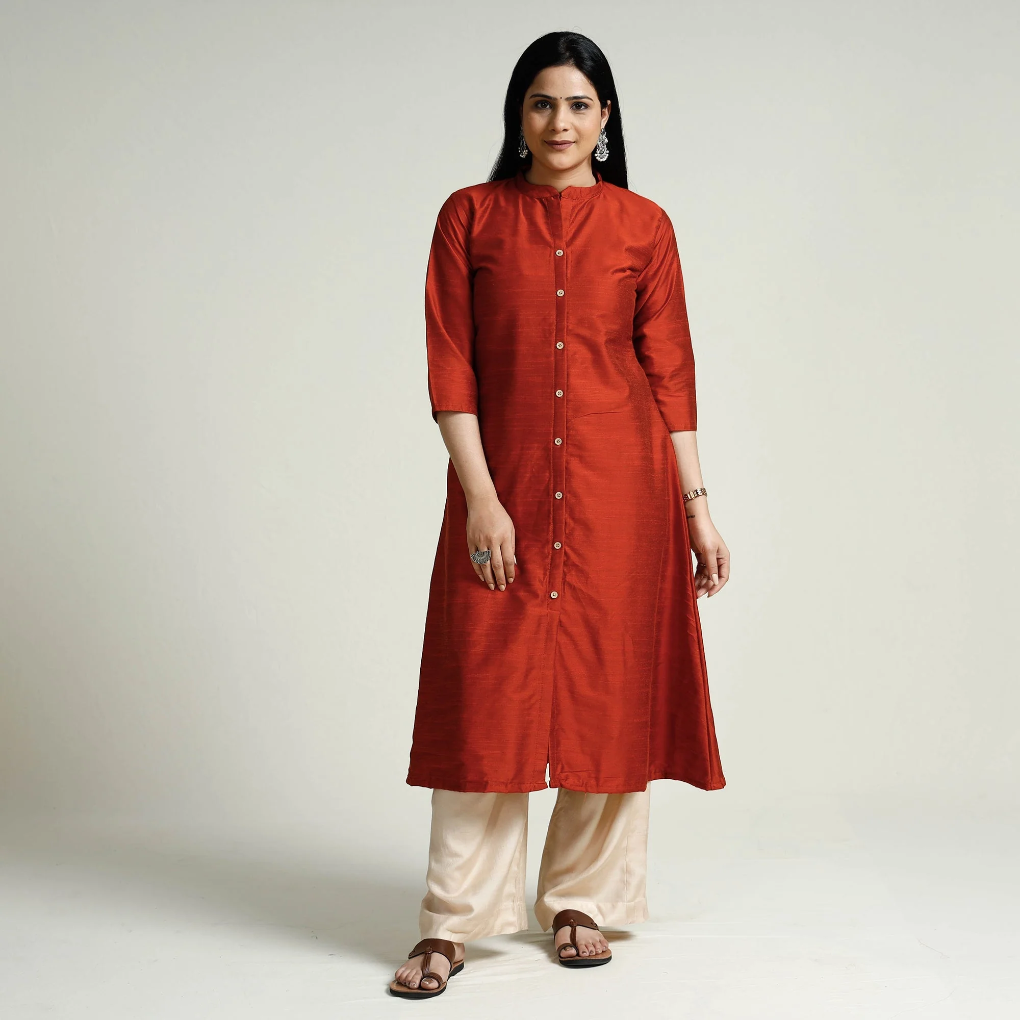 Dark - Orange Plain Slub Silk A-Line Long Kurta - Image 2