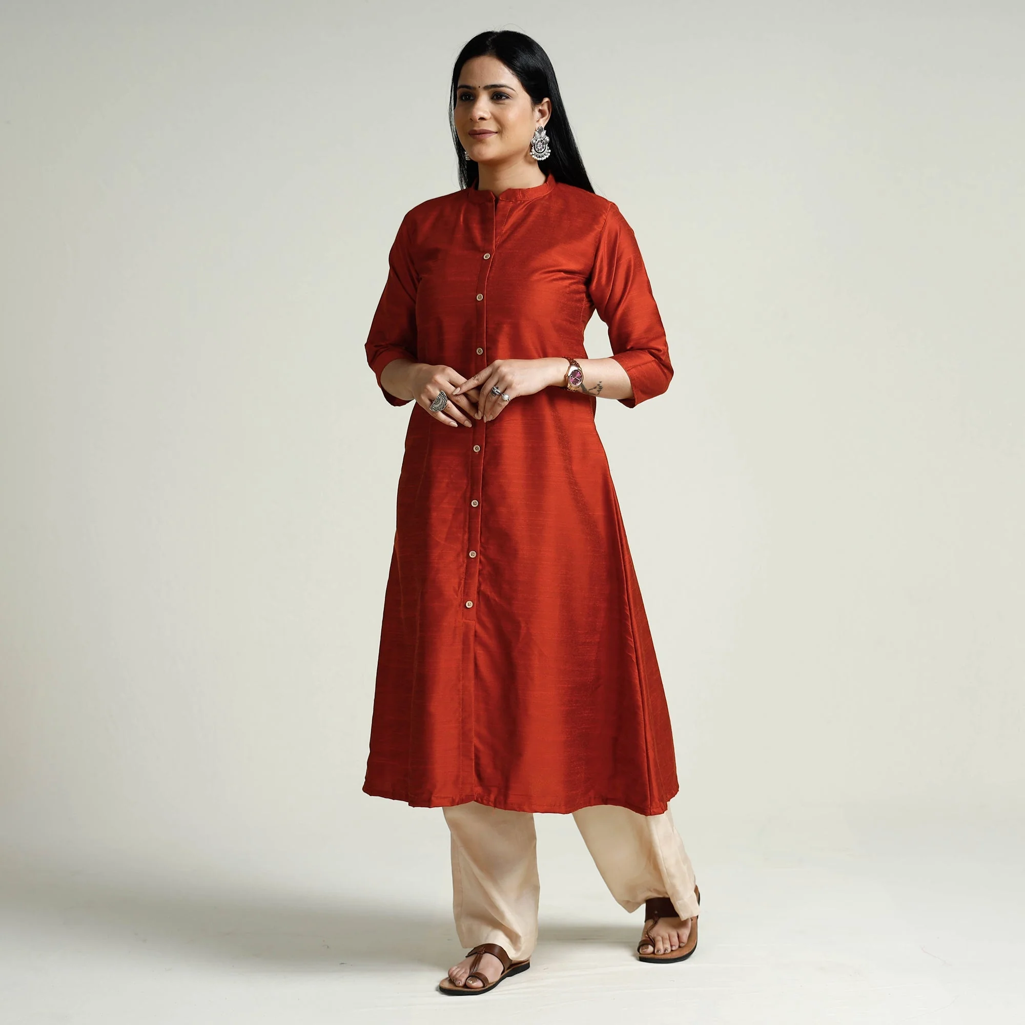 Dark - Orange Plain Slub Silk A-Line Long Kurta - Image 3