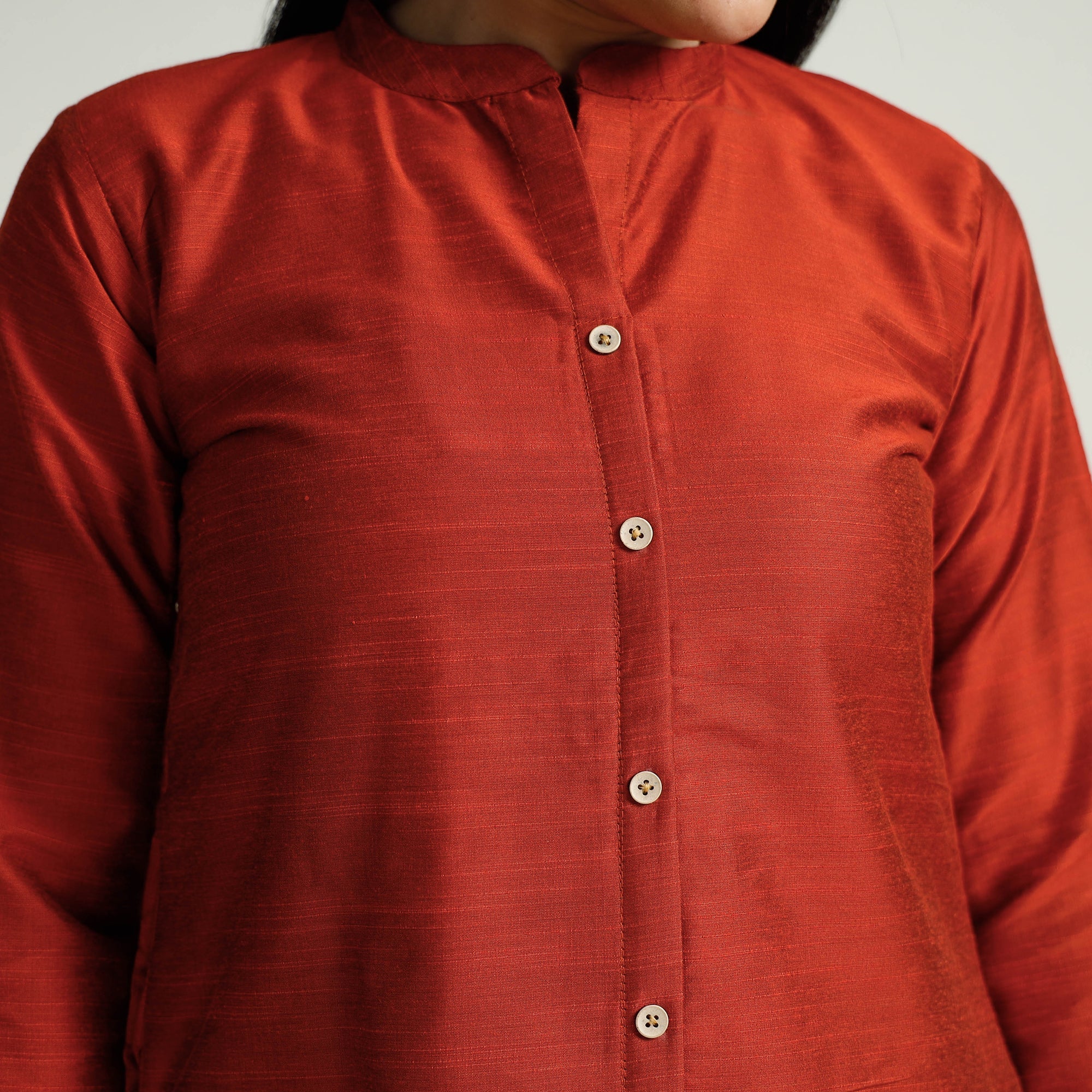 Dark - Orange Plain Slub Silk A-Line Long Kurta - Image 5