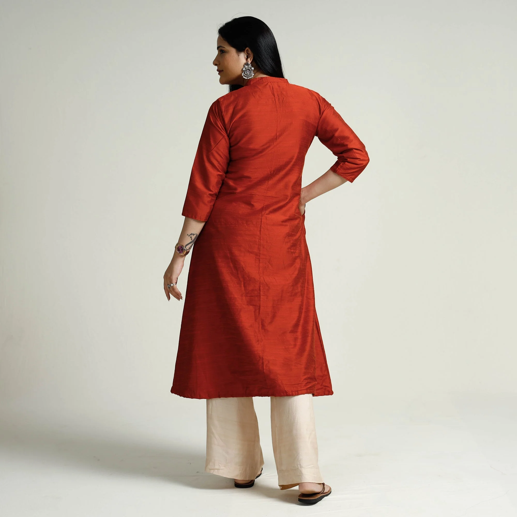 Dark - Orange Plain Slub Silk A-Line Long Kurta - Image 6